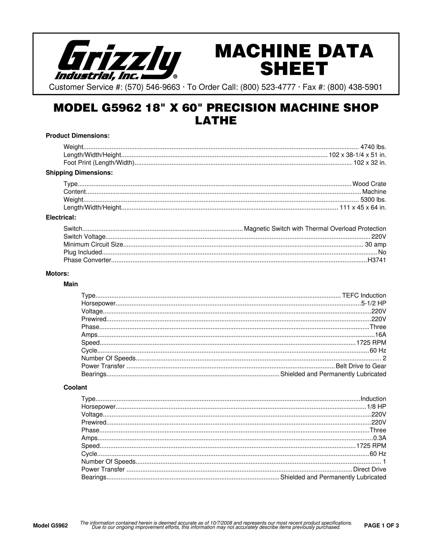 Grizzly G5962 Lathe User Manual