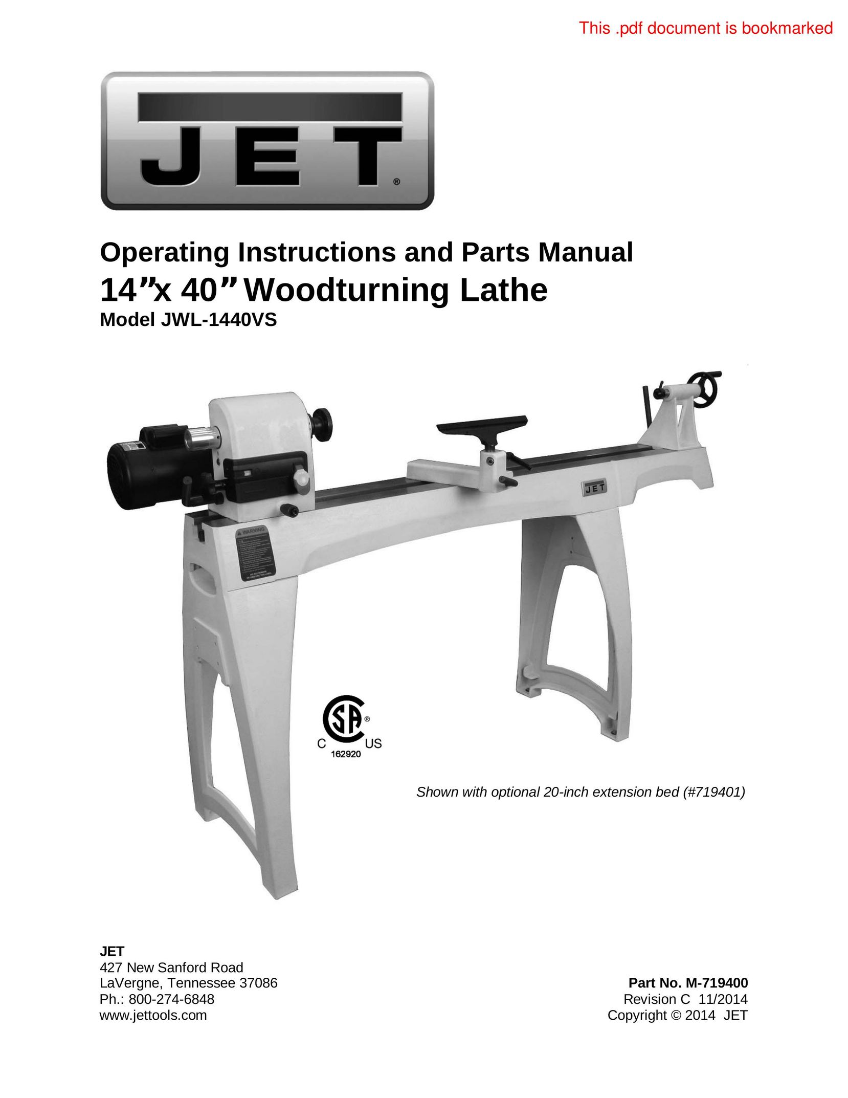 Jet Tools JWL-1440VS Lathe User Manual