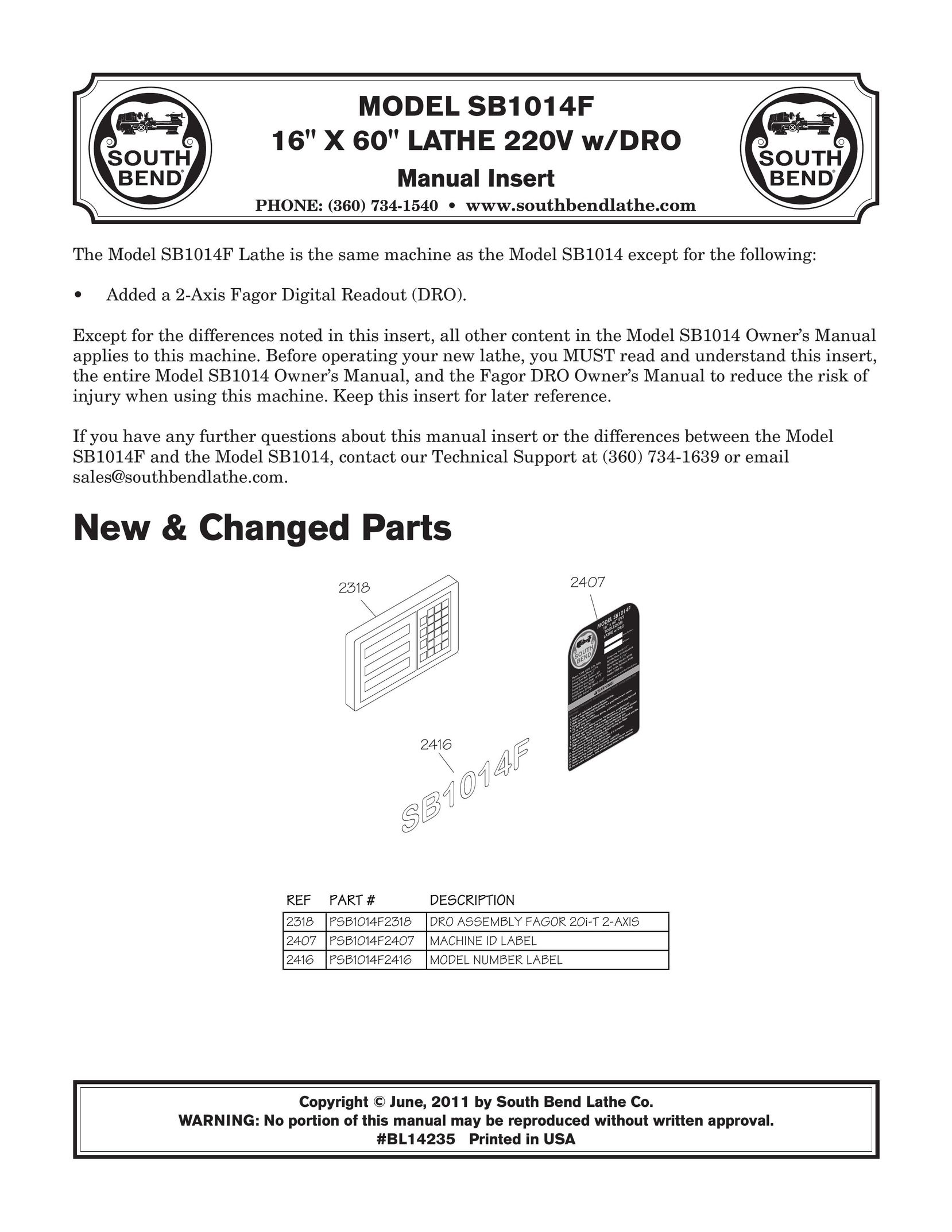 Southbend SB1014F Lathe User Manual