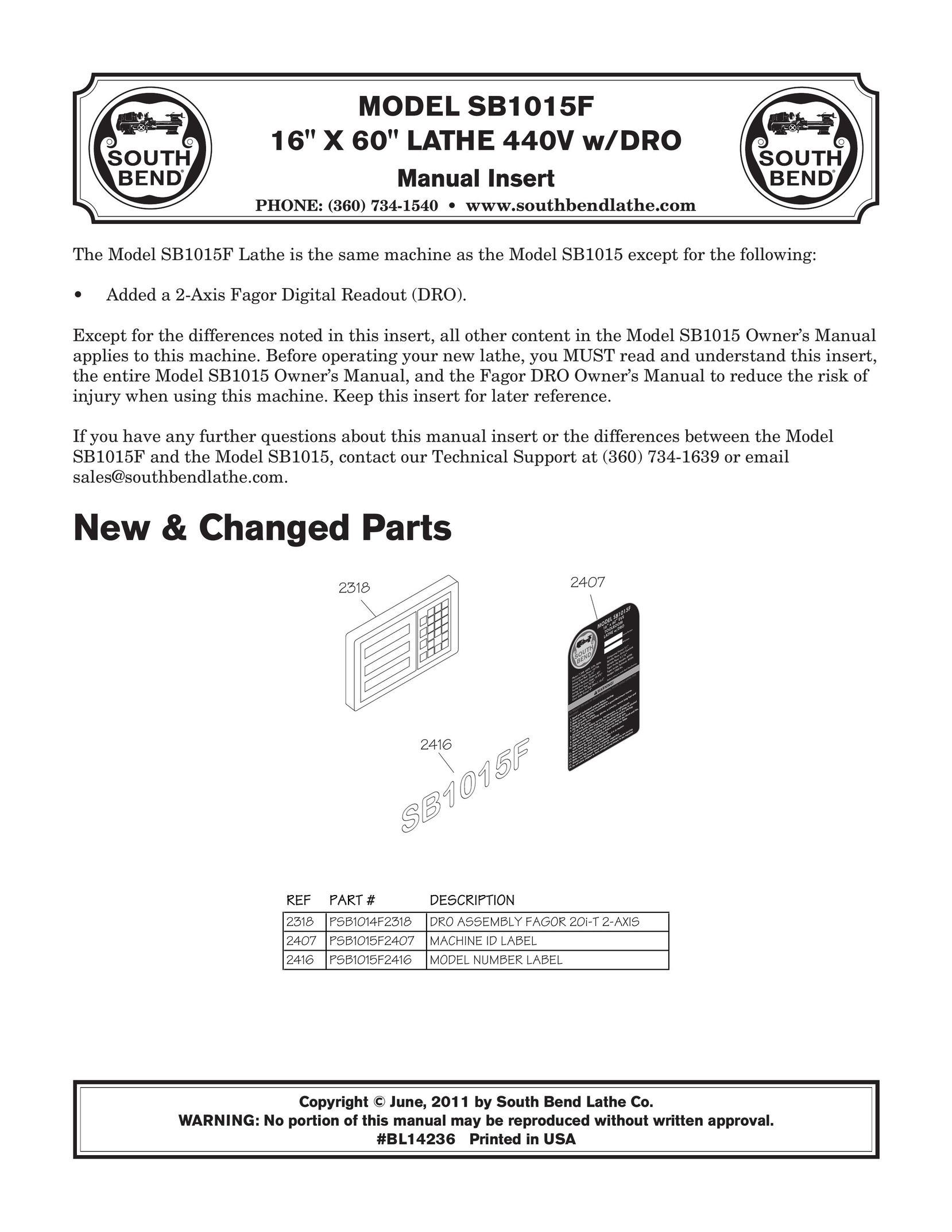 Southbend sb1015f Lathe User Manual