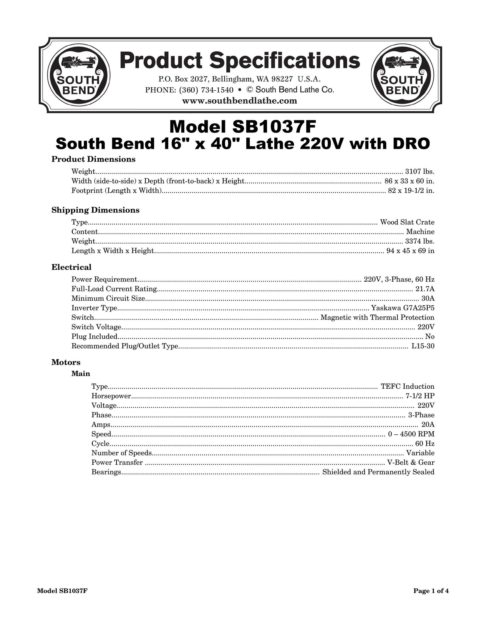 Southbend SB1037F Lathe User Manual