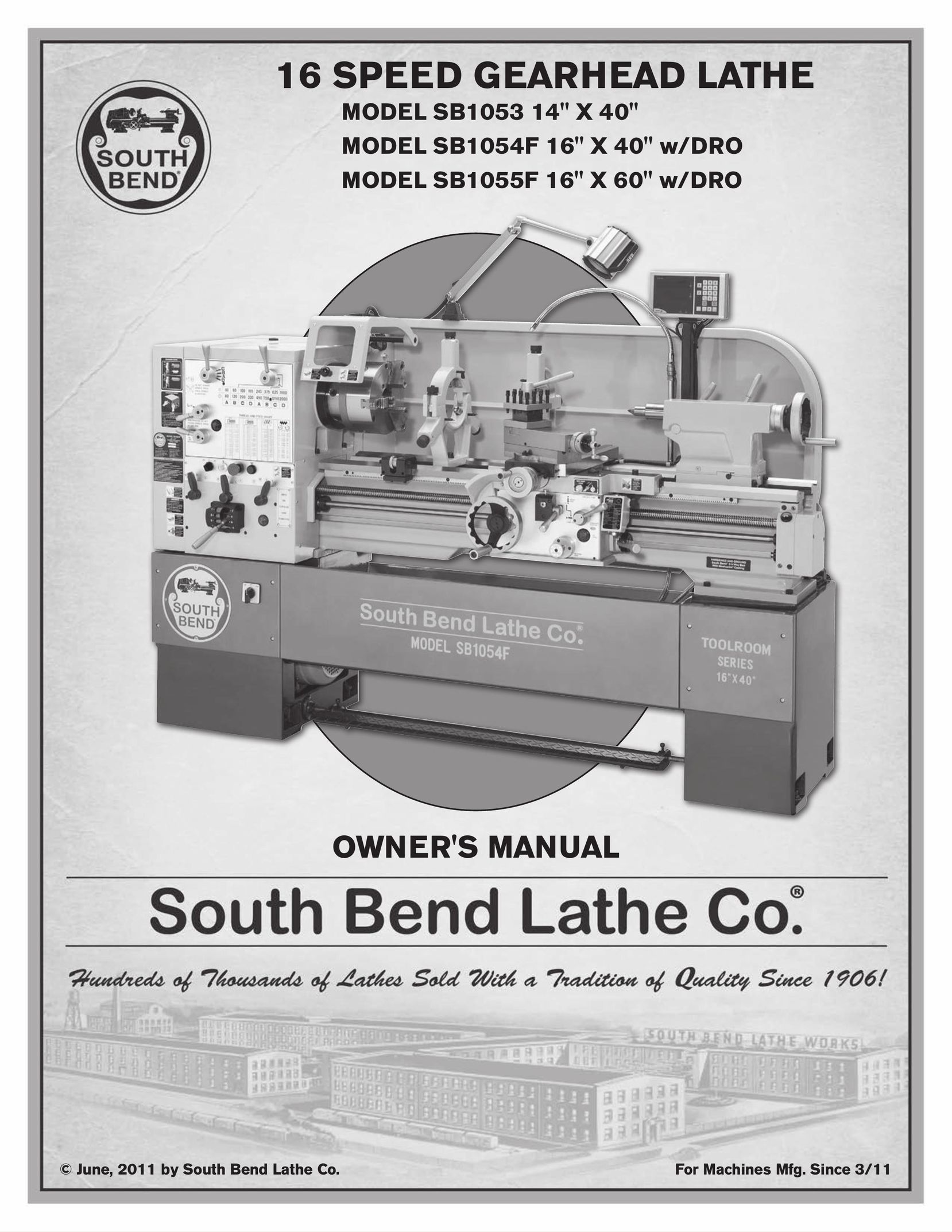 Southbend SB1054F 16" X 40" w/DRO Lathe User Manual