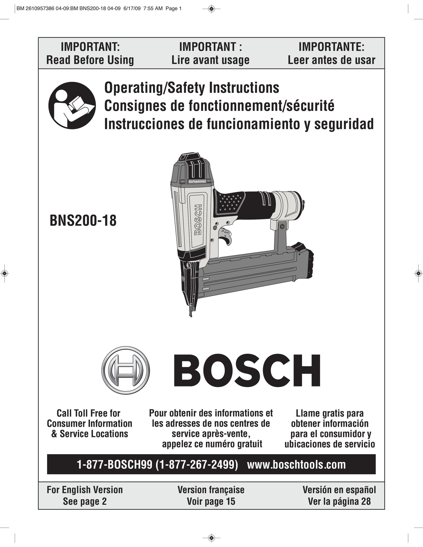 Bosch Power Tools BNS200-18 Nail Gun User Manual