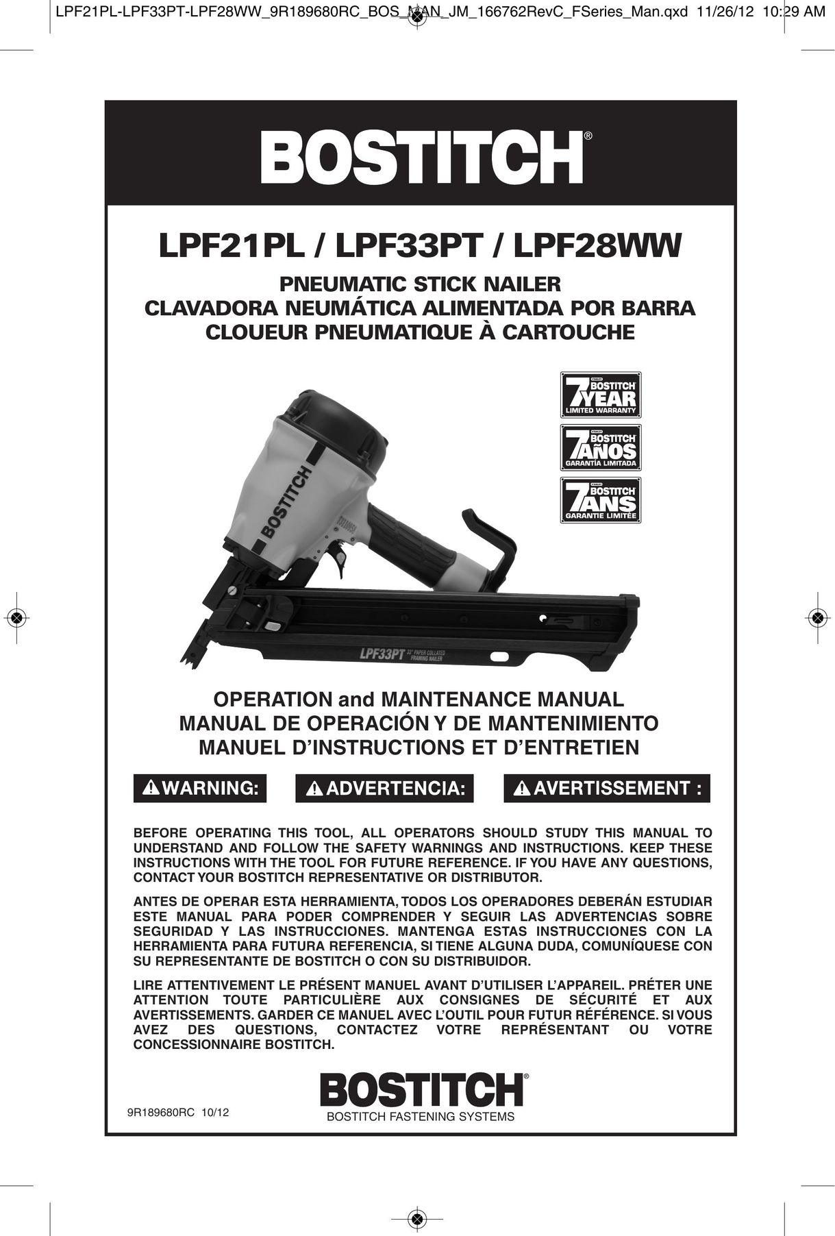 Bostitch LPF28WW Nail Gun User Manual