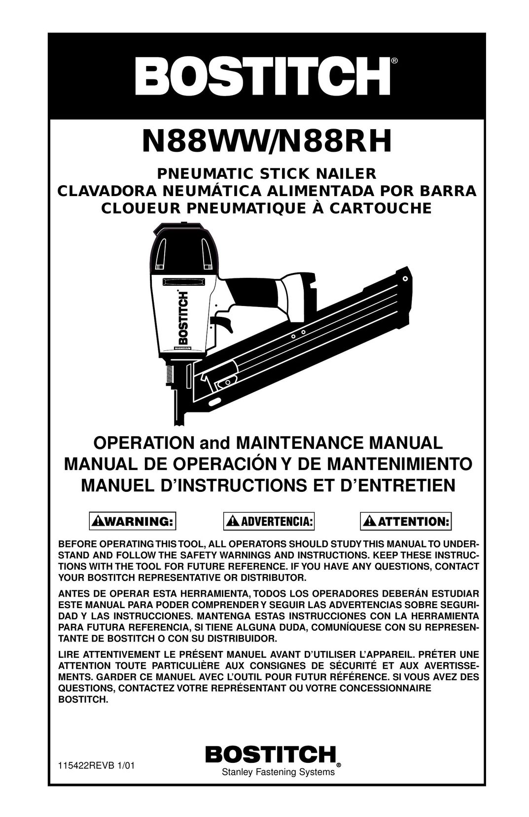 Bostitch N88WW/N88RH Nail Gun User Manual