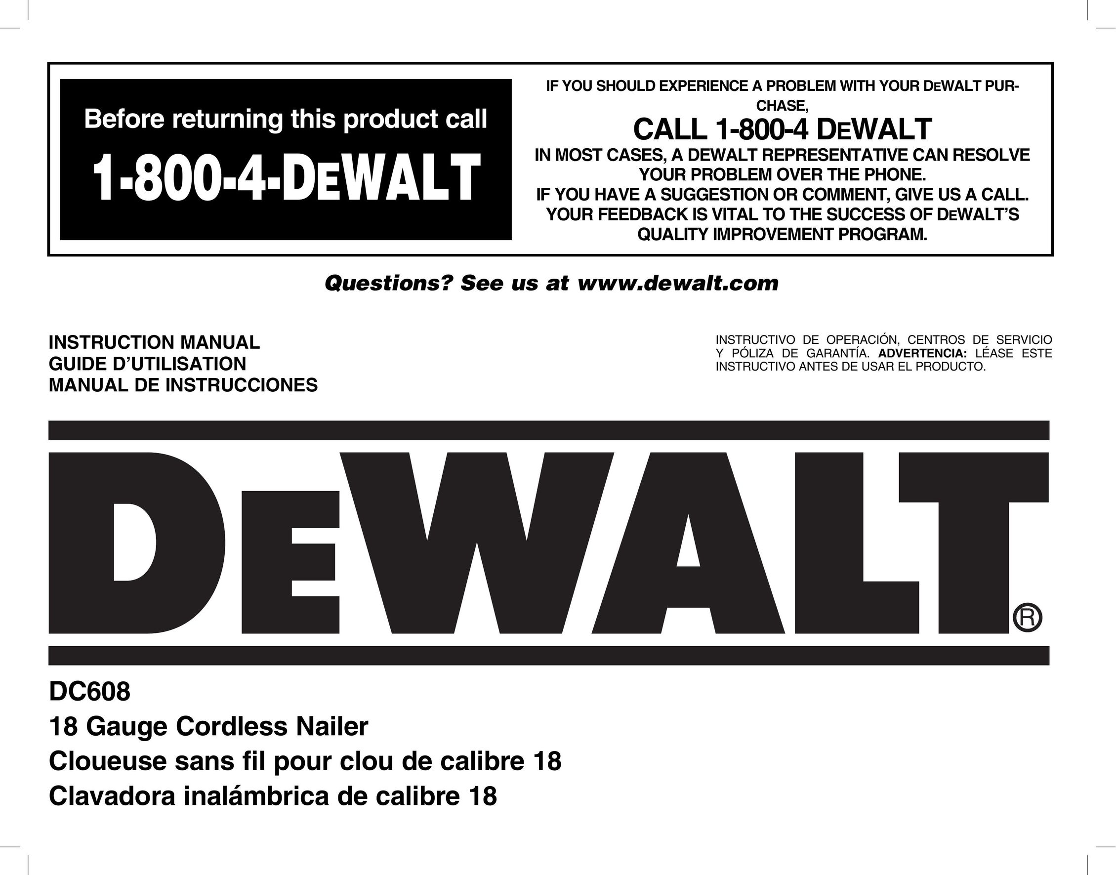 DeWalt DC608 Nail Gun User Manual