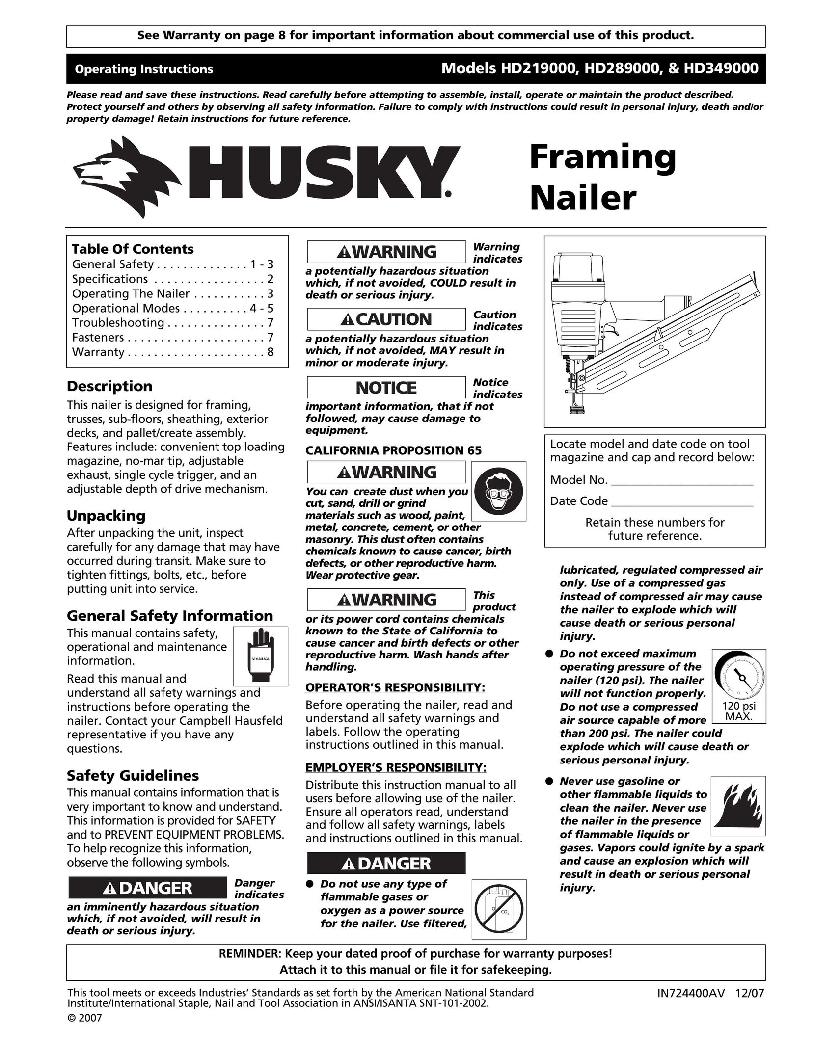 Husky HD219000 Nail Gun User Manual