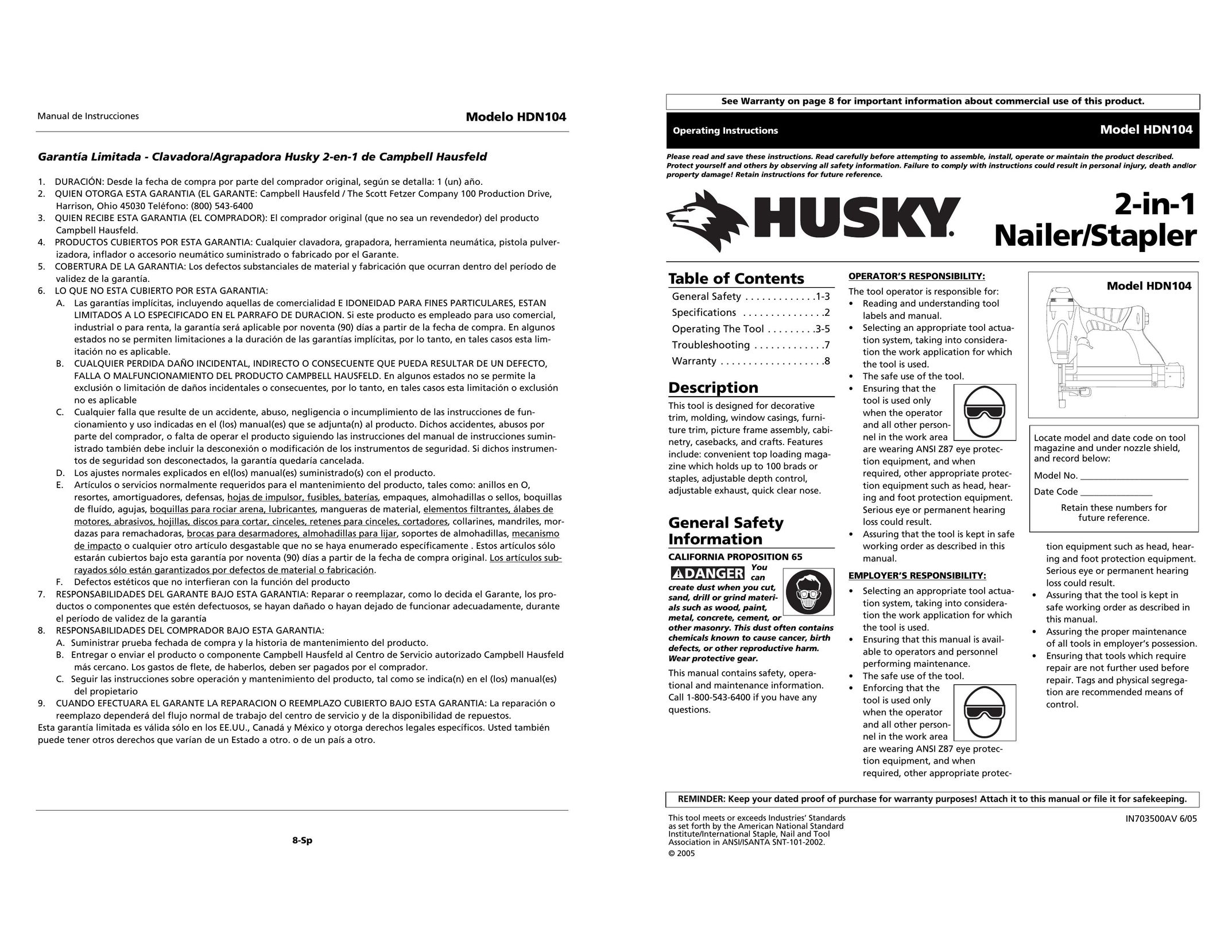 Husky HDN104 Nail Gun User Manual
