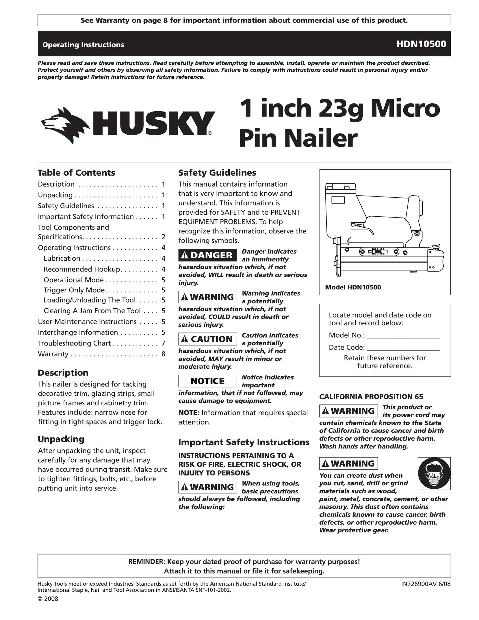 Husky HDN10500 Nail Gun User Manual