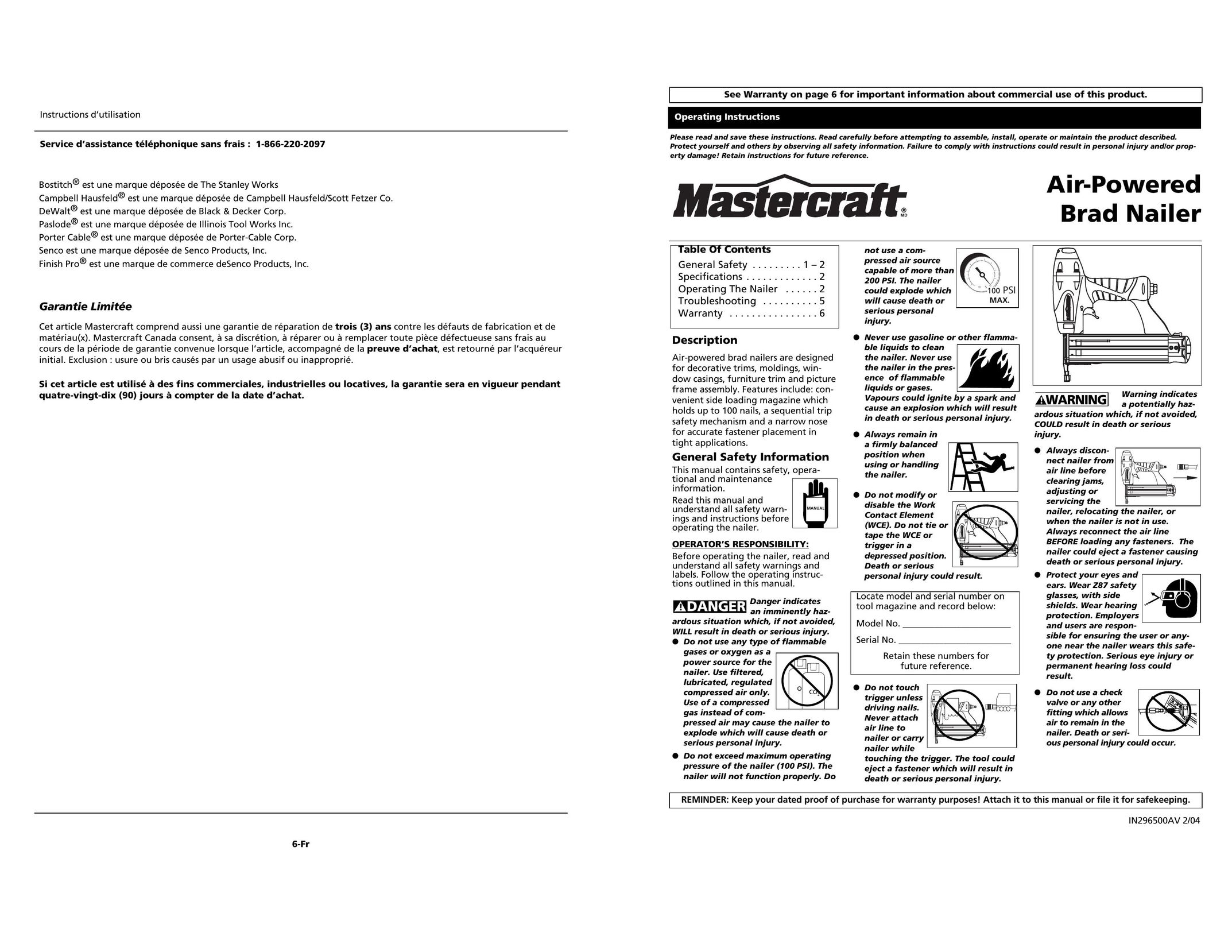 MasterCraft AIR-POWERED BRAD NAILERS Nail Gun User Manual