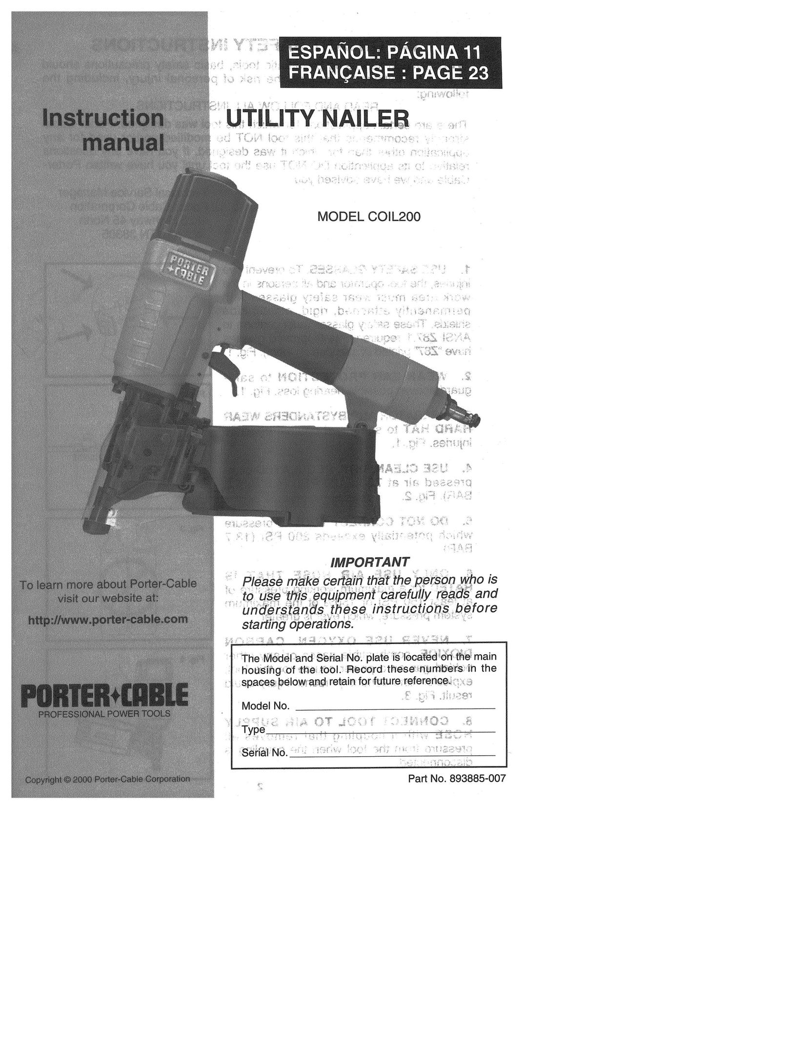 Porter-Cable COIL200 Nail Gun User Manual