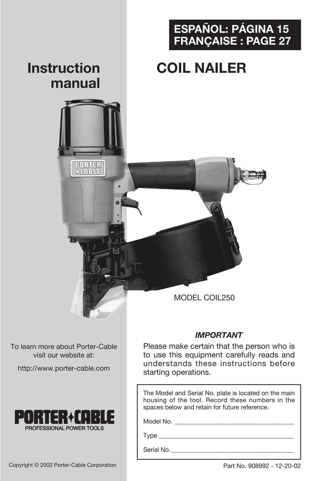 Porter-Cable COIL250 Nail Gun User Manual