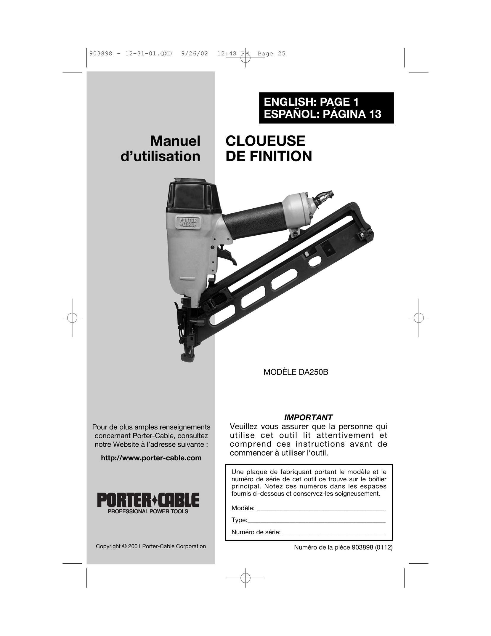 Porter-Cable DA250B Nail Gun User Manual