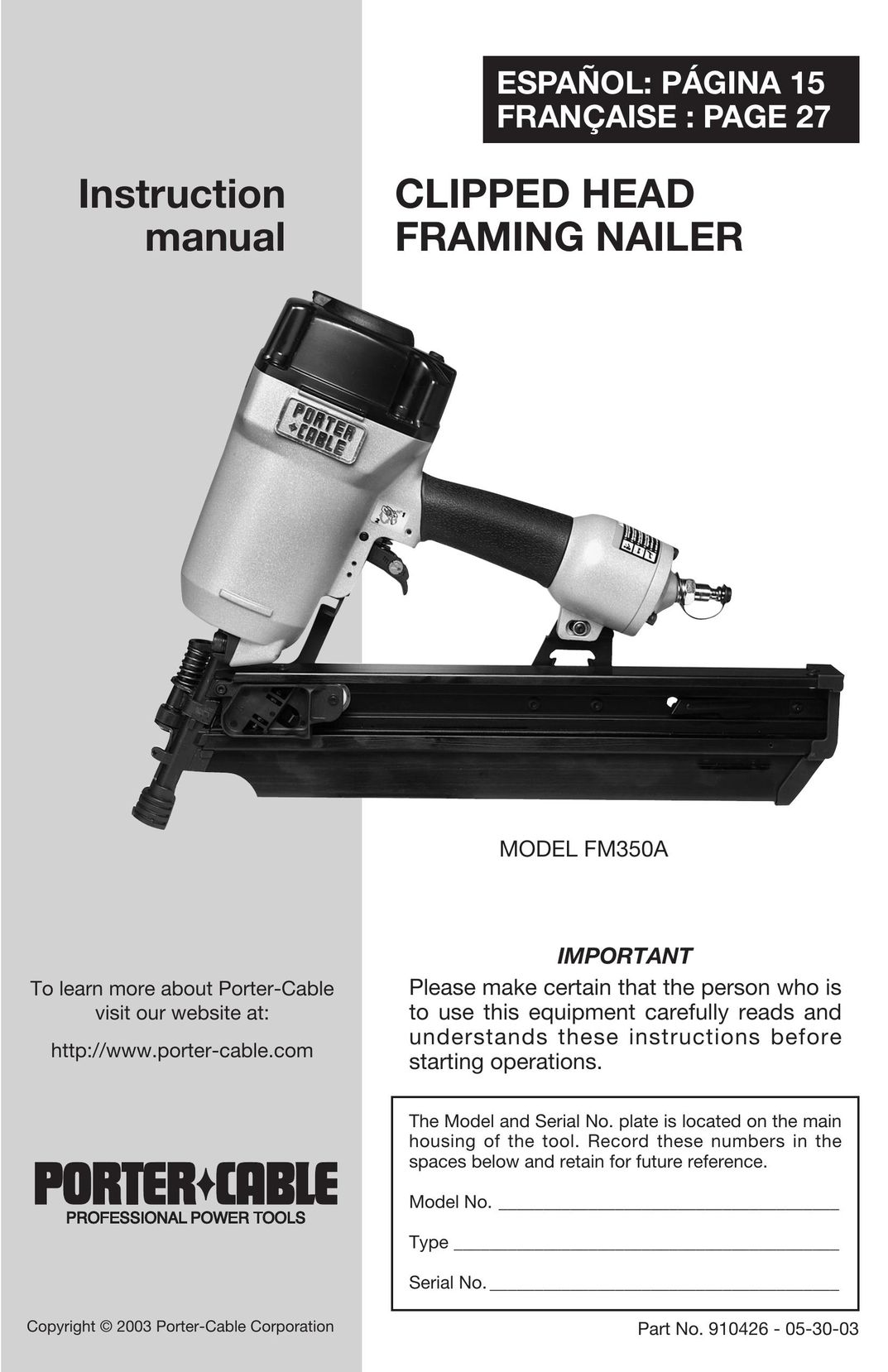 Porter-Cable FM350A Nail Gun User Manual