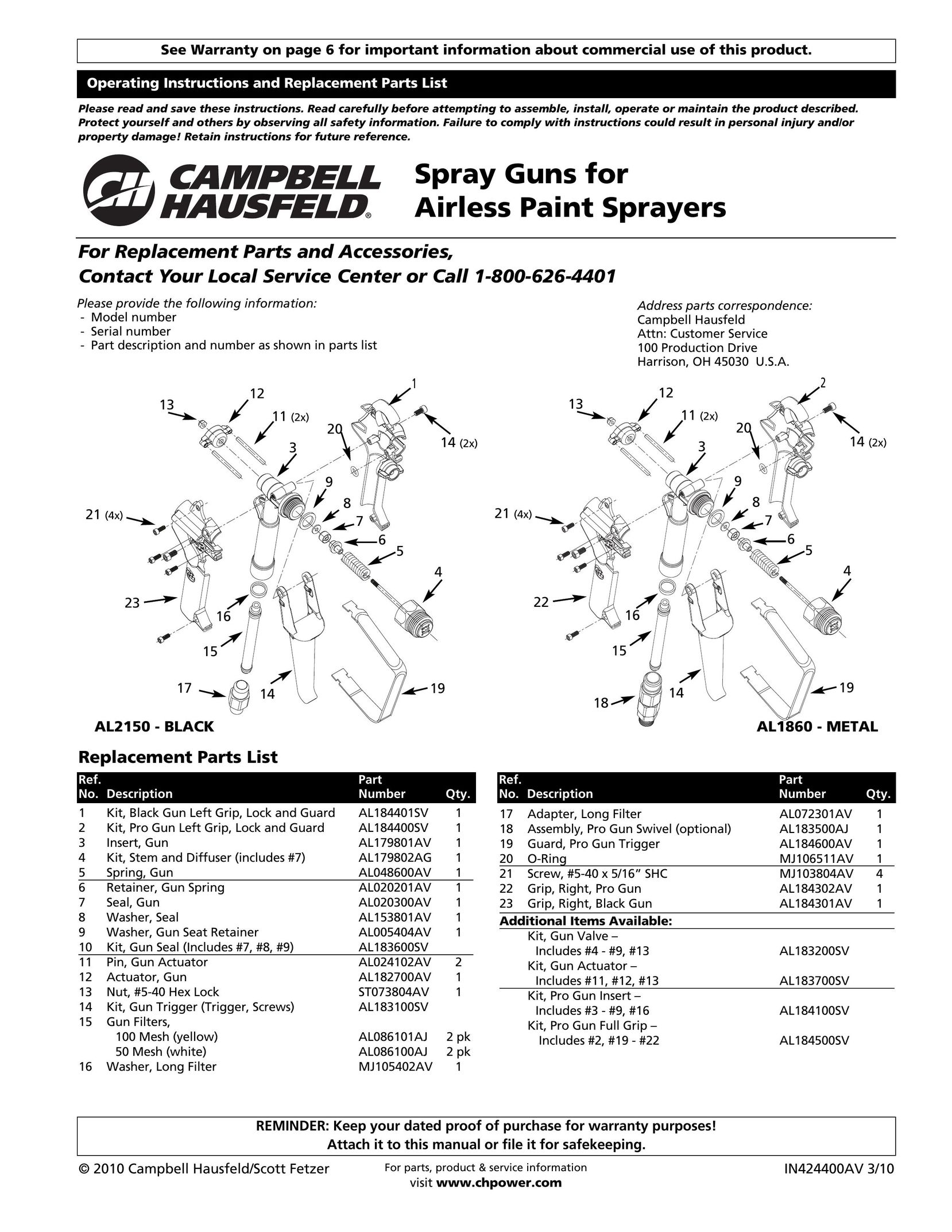 Campbell Hausfeld AL1860 Paint Sprayer User Manual