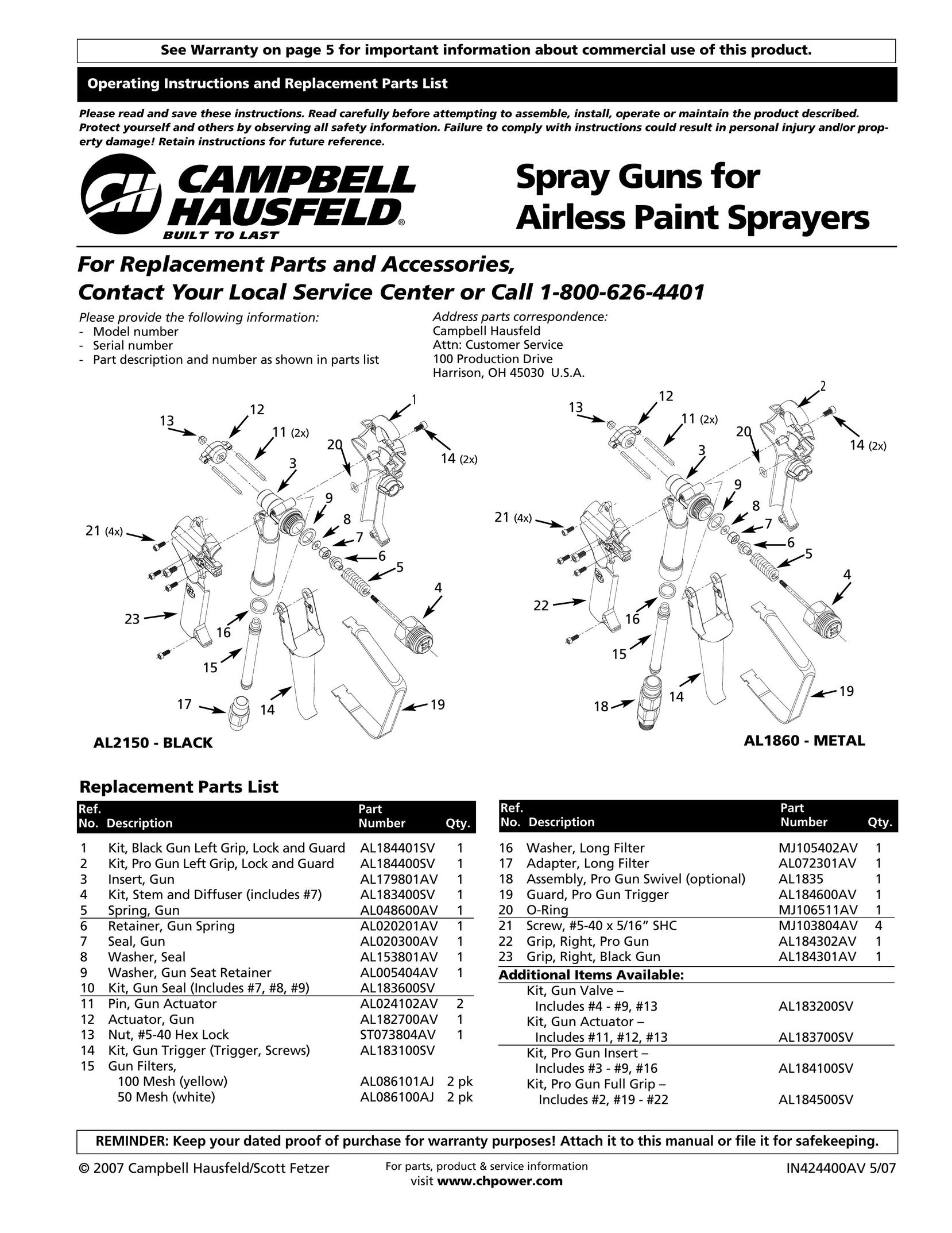 Campbell Hausfeld AL2150 - BLACK Paint Sprayer User Manual