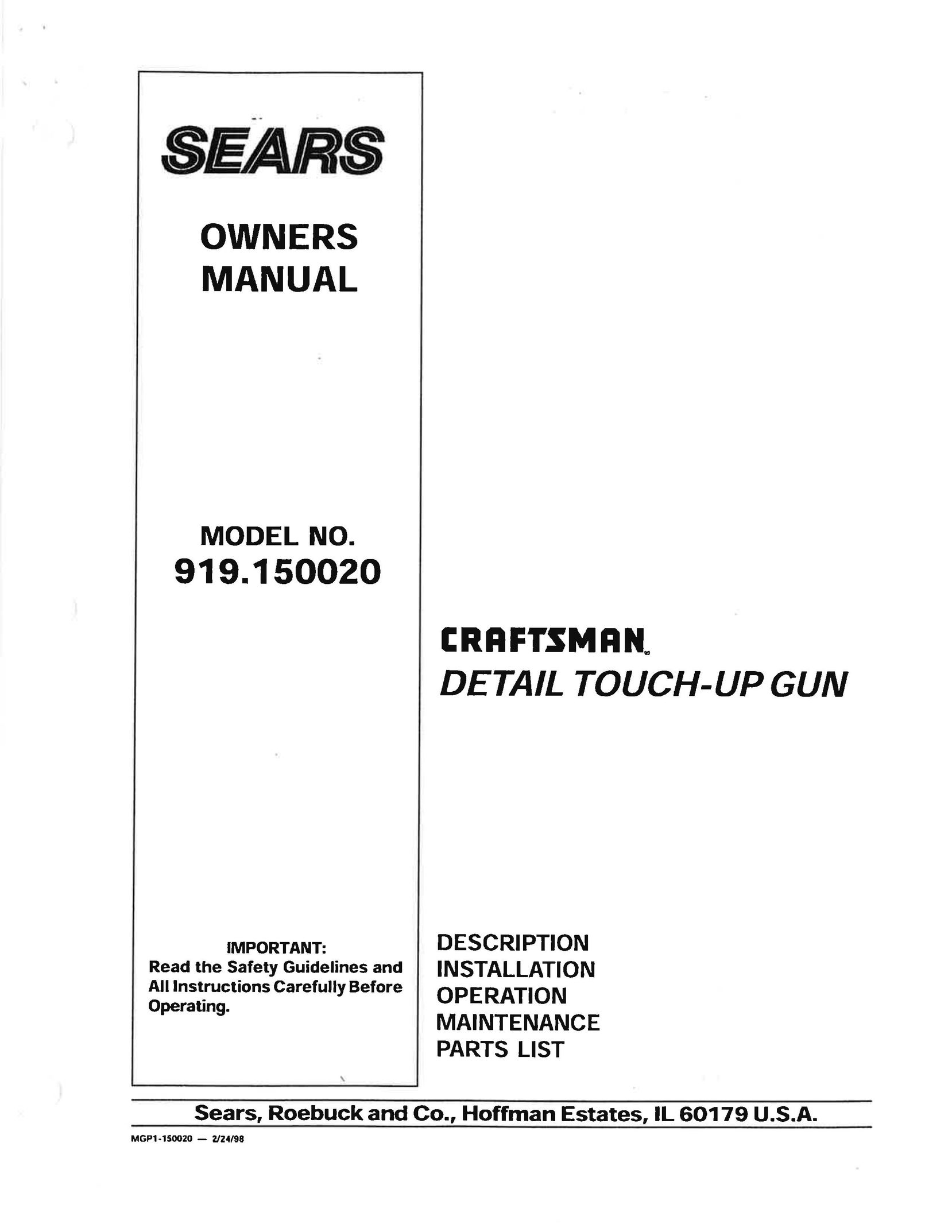 Craftsman MGP1-150020` Paint Sprayer User Manual