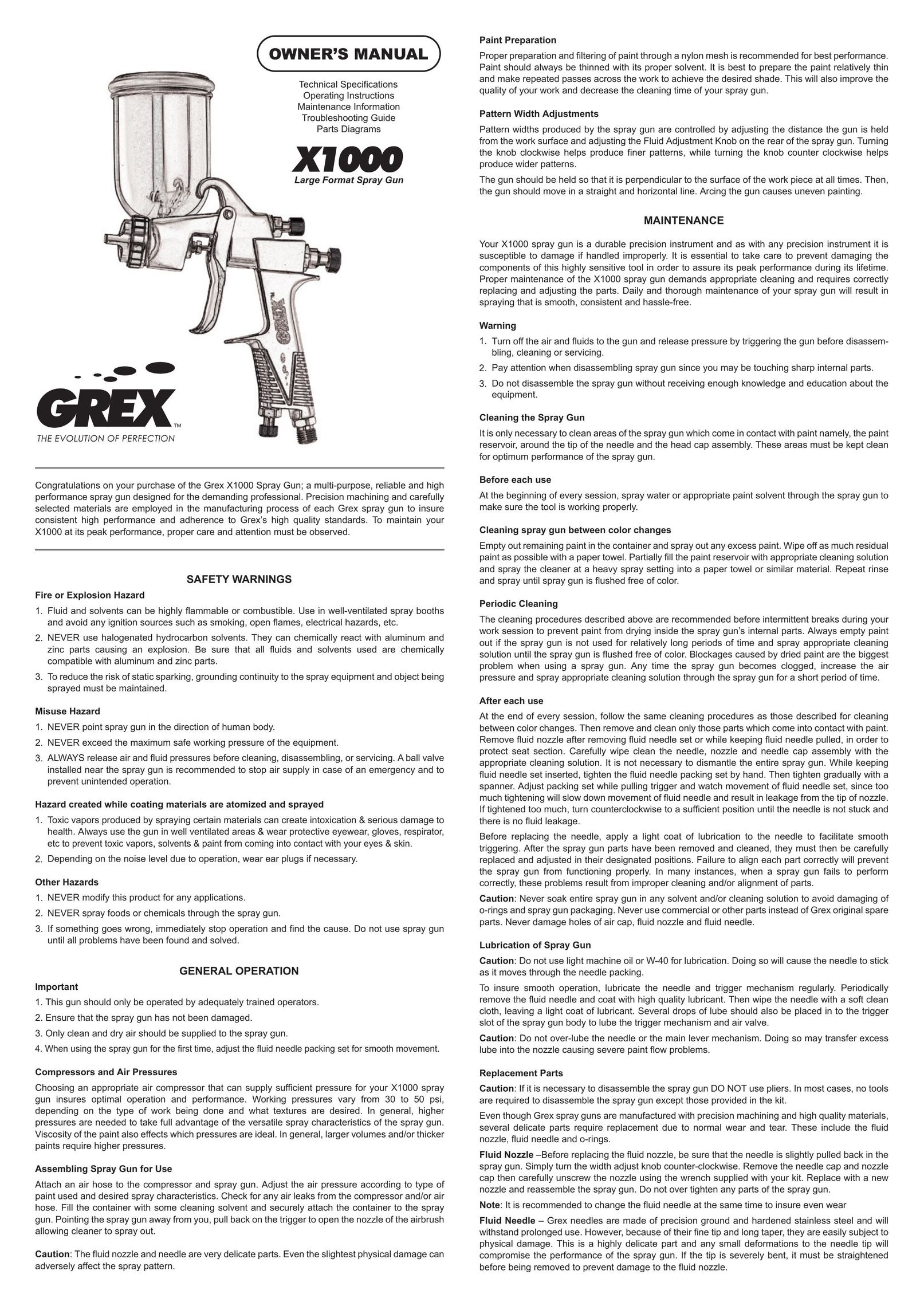 Grex Power Tools X1000 Paint Sprayer User Manual