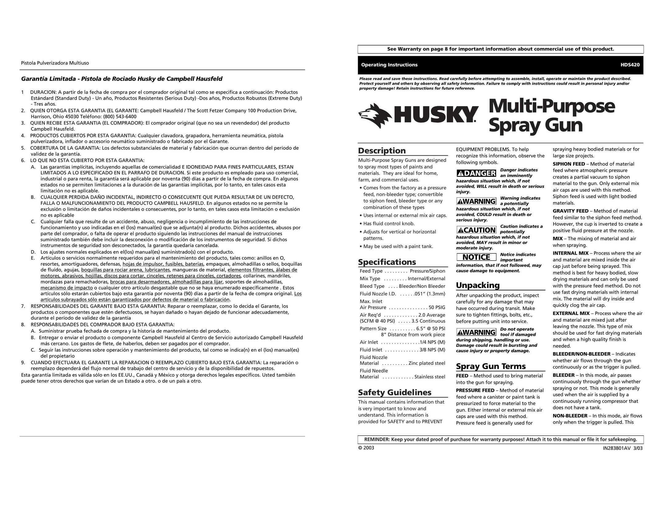 Husky HDS420 Paint Sprayer User Manual