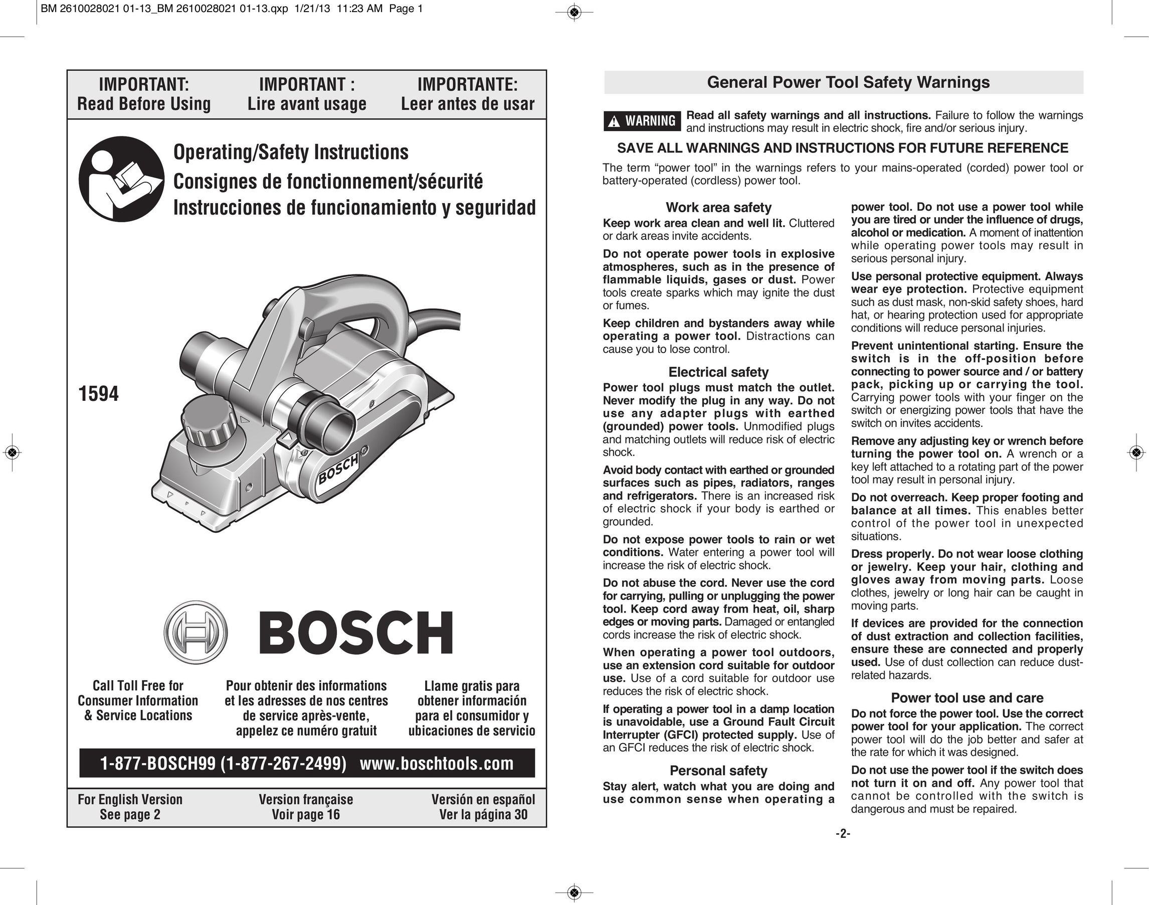 Bosch Power Tools 1594K Planer User Manual