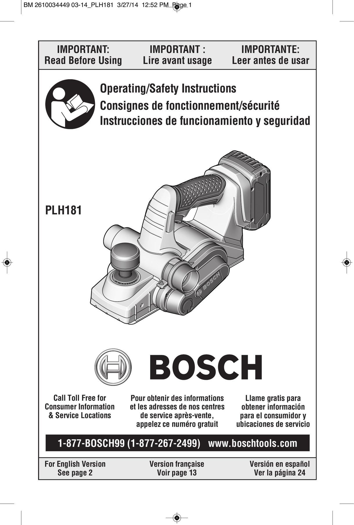Bosch Power Tools PLH181B Planer User Manual