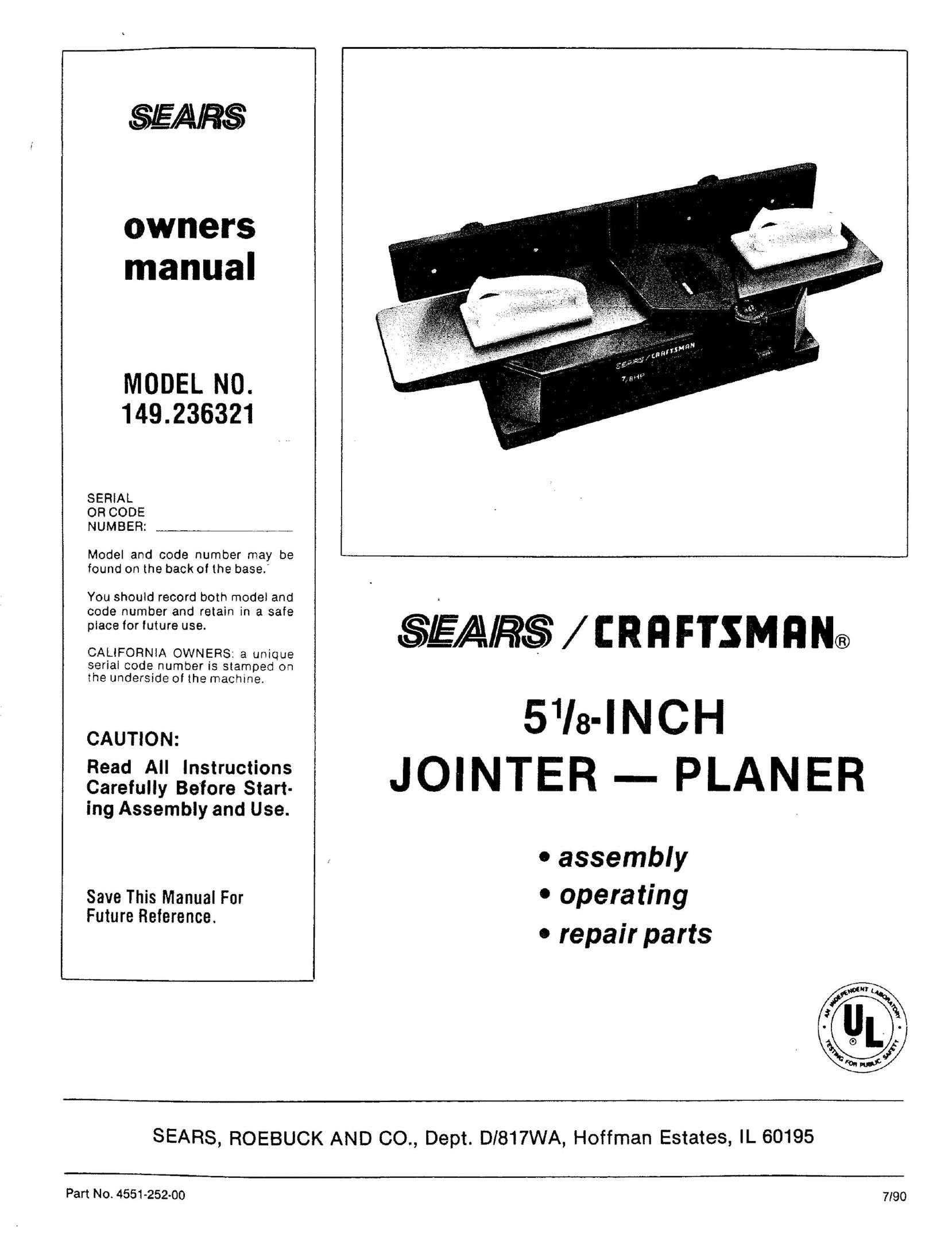 Craftsman 149.236321 Planer User Manual