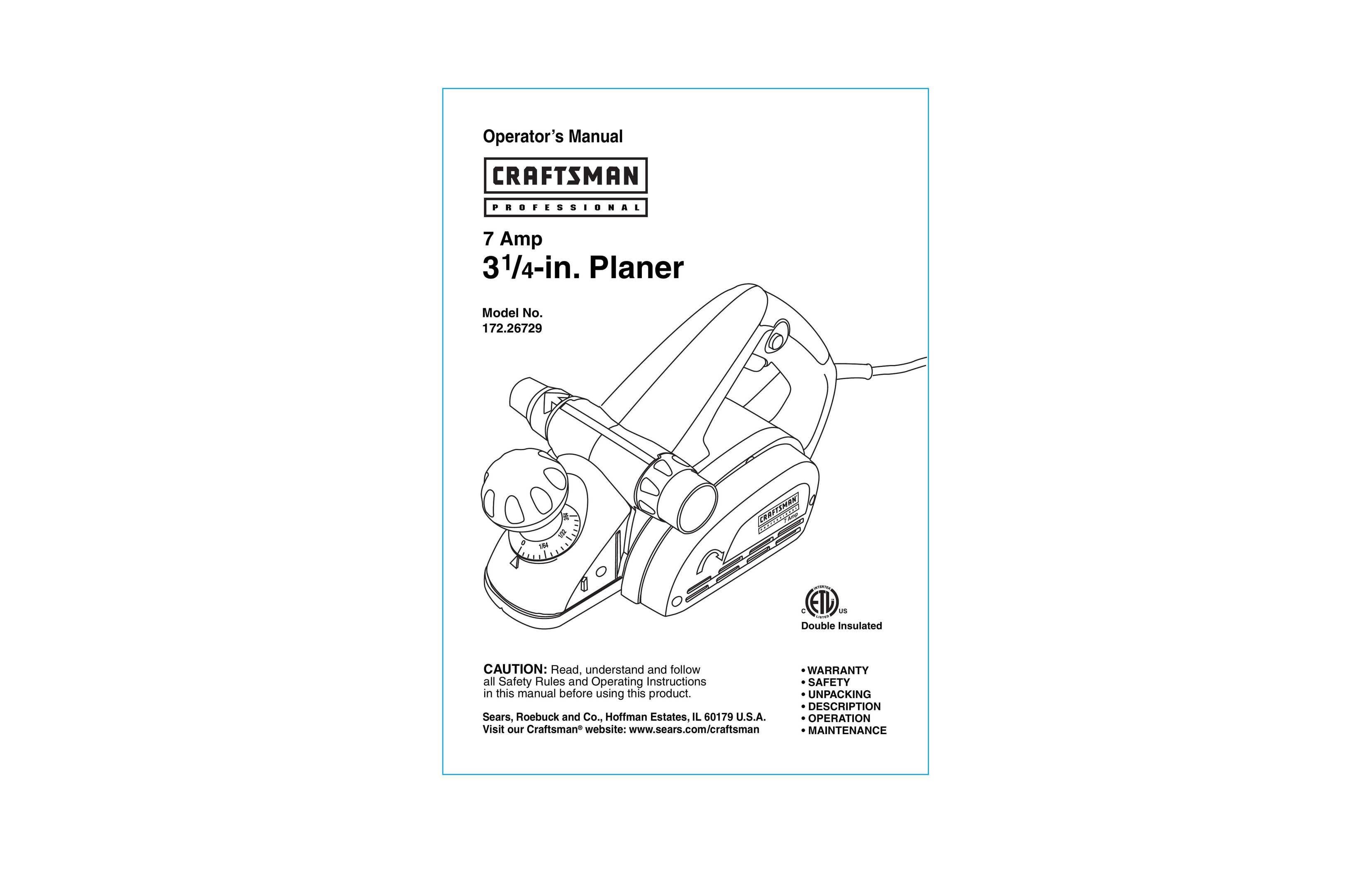 Craftsman 172.26729 Planer User Manual