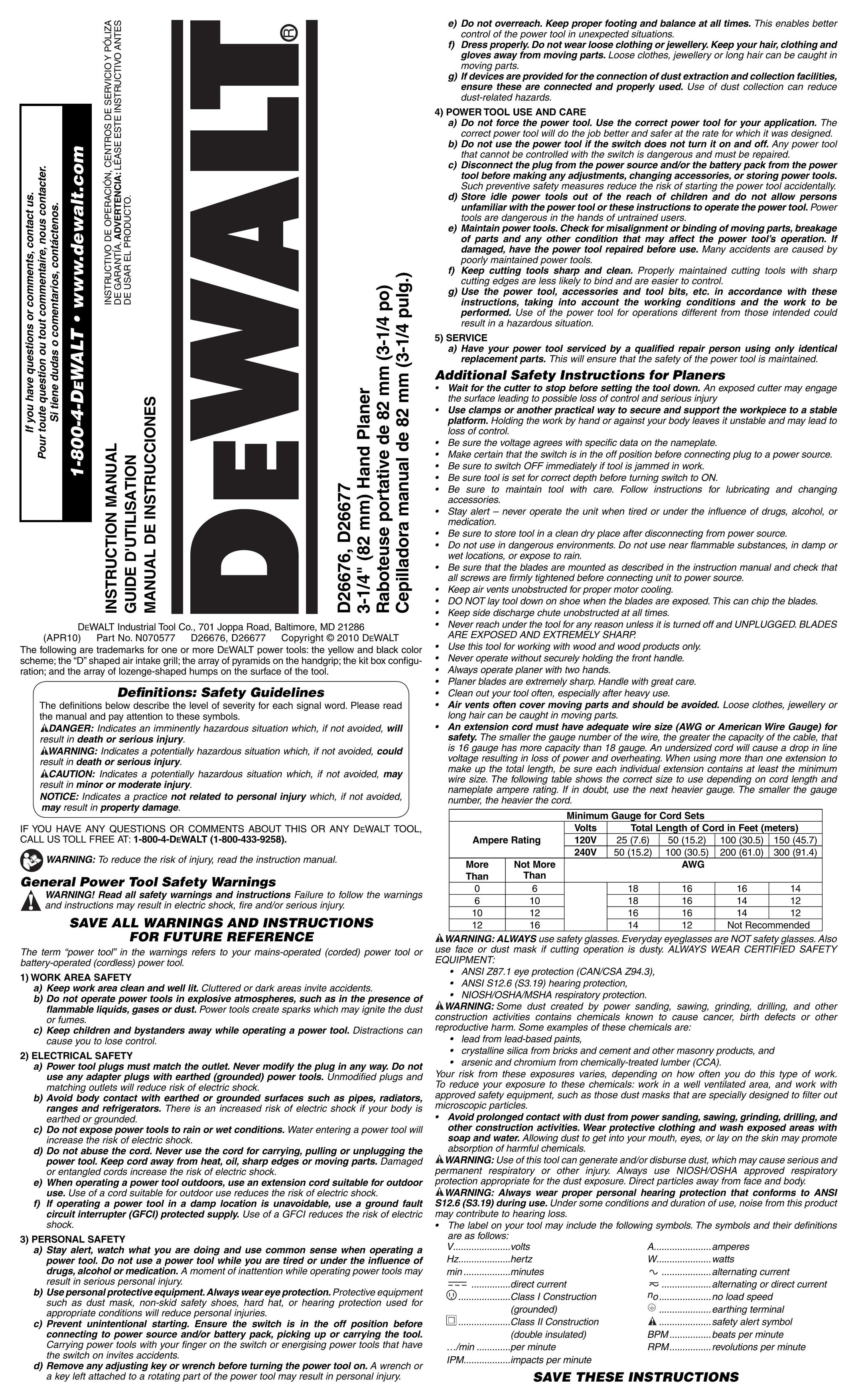 DeWalt D26676 Planer User Manual