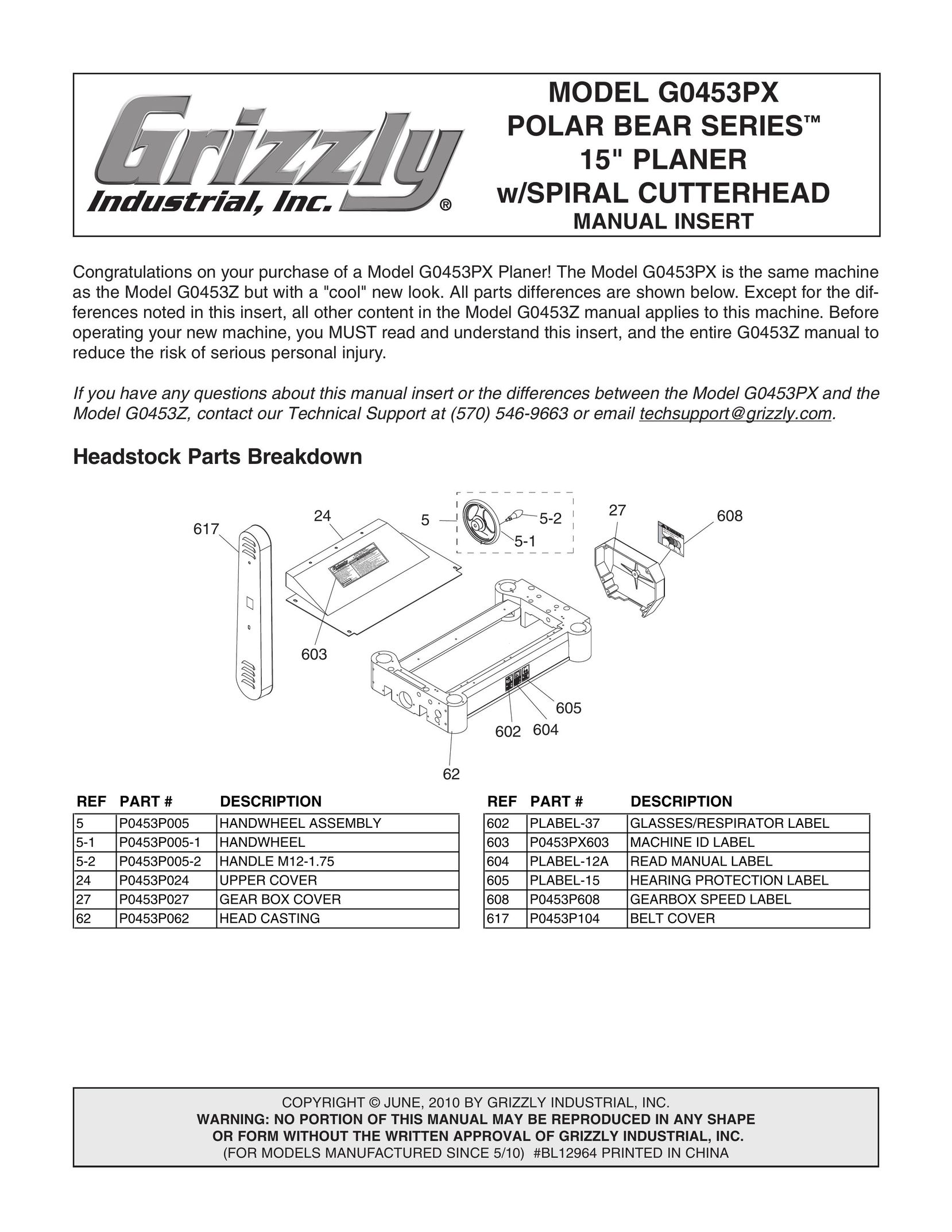 Grizzly G0453PX Planer User Manual