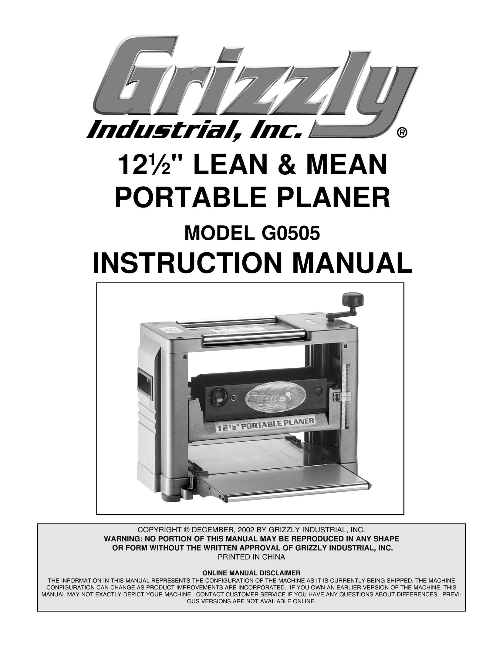 Grizzly G0505 Planer User Manual