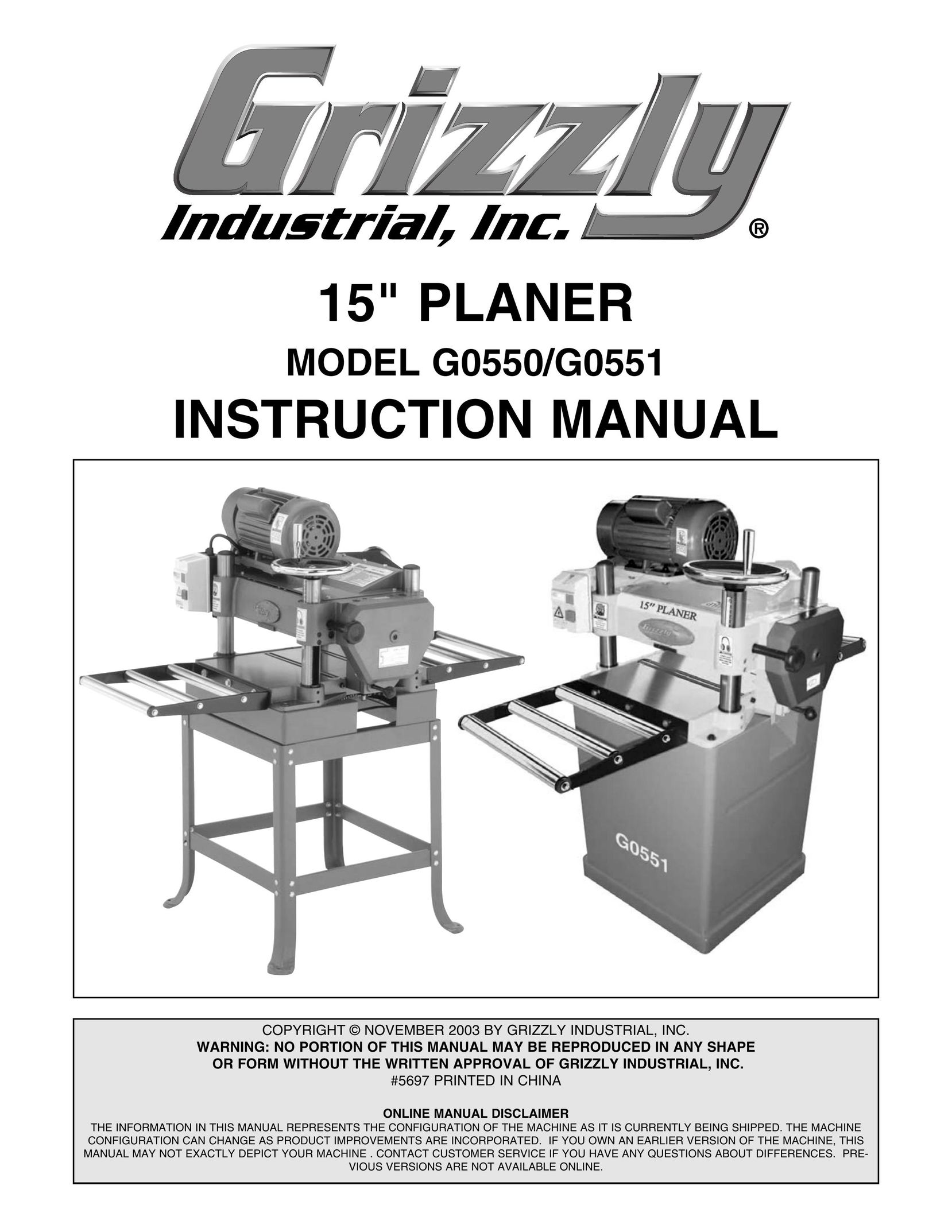 Grizzly G0550/G0551 Planer User Manual