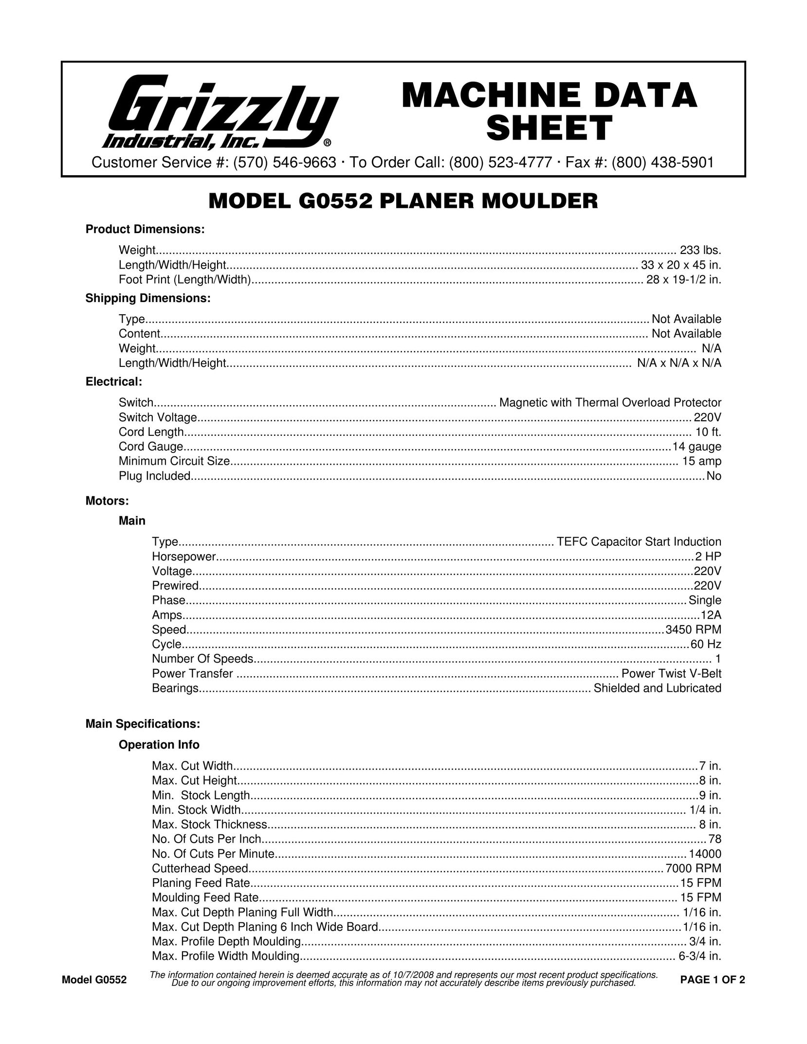 Grizzly G0552 Planer User Manual