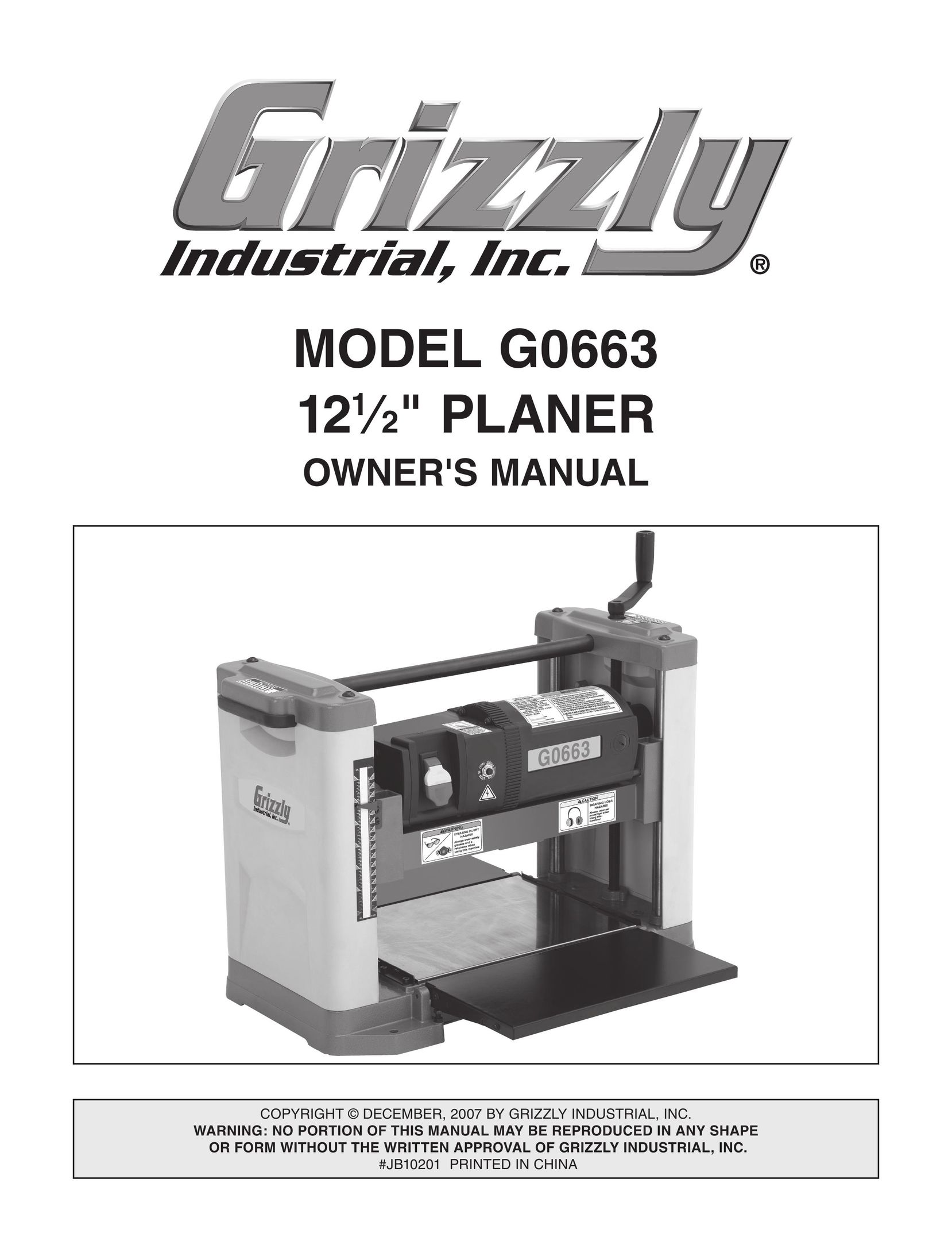 Grizzly G0663 Planer User Manual