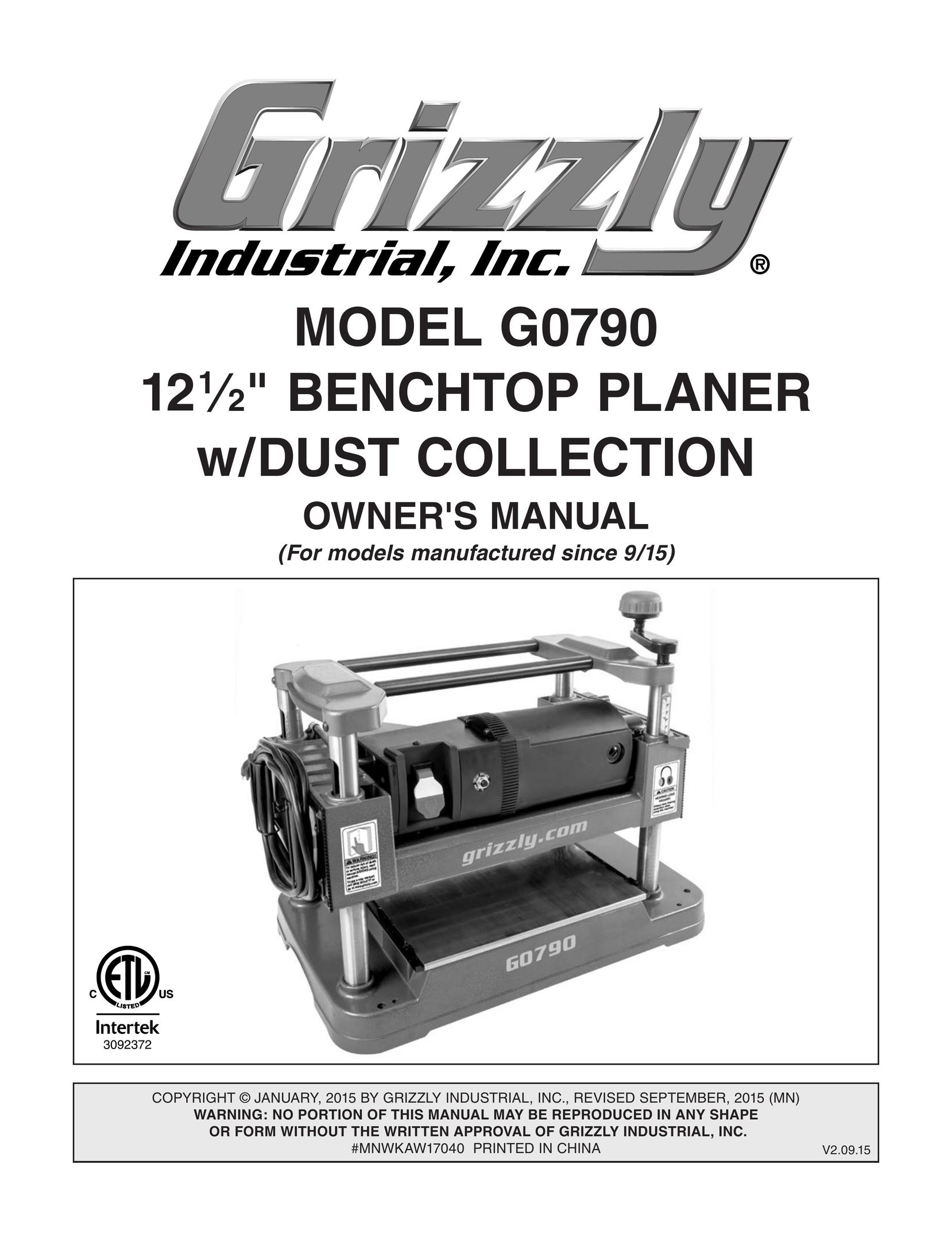 Grizzly G0790 Planer User Manual