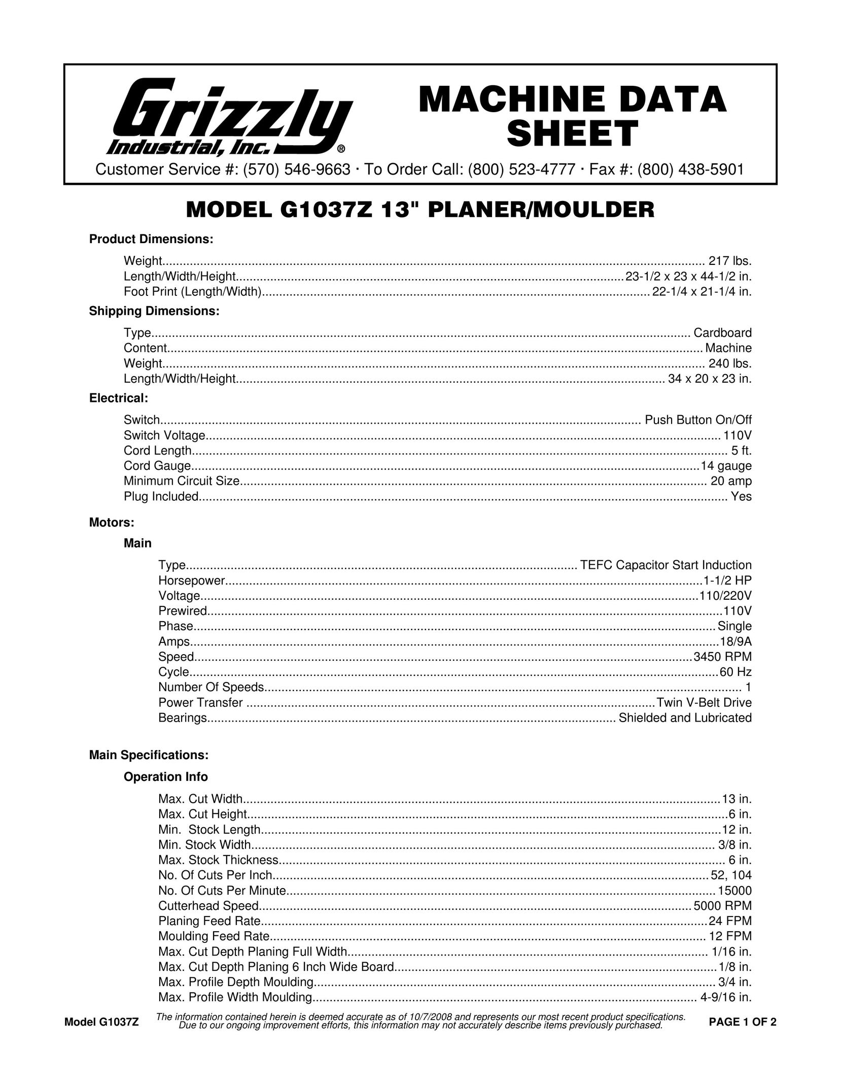 Grizzly G1037Z Planer User Manual