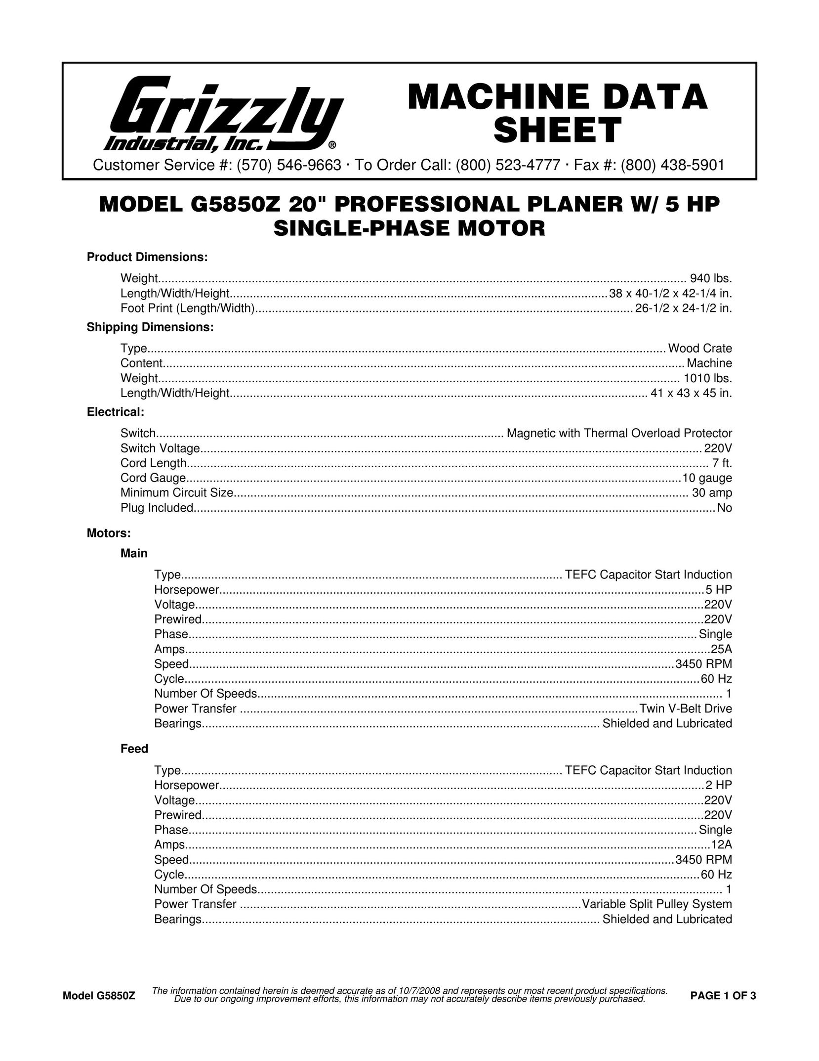 Grizzly G5850 Z Planer User Manual