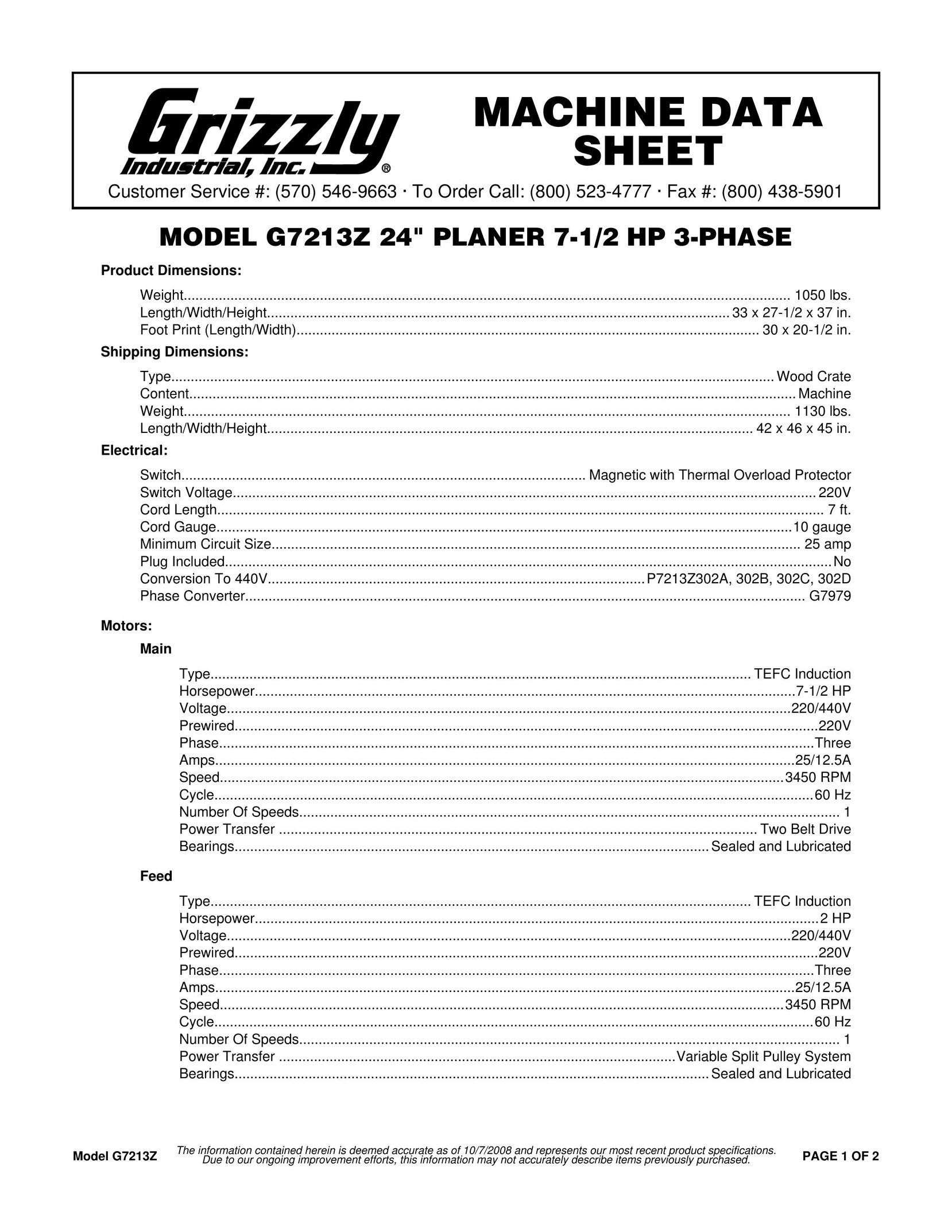 Grizzly G7213Z Planer User Manual