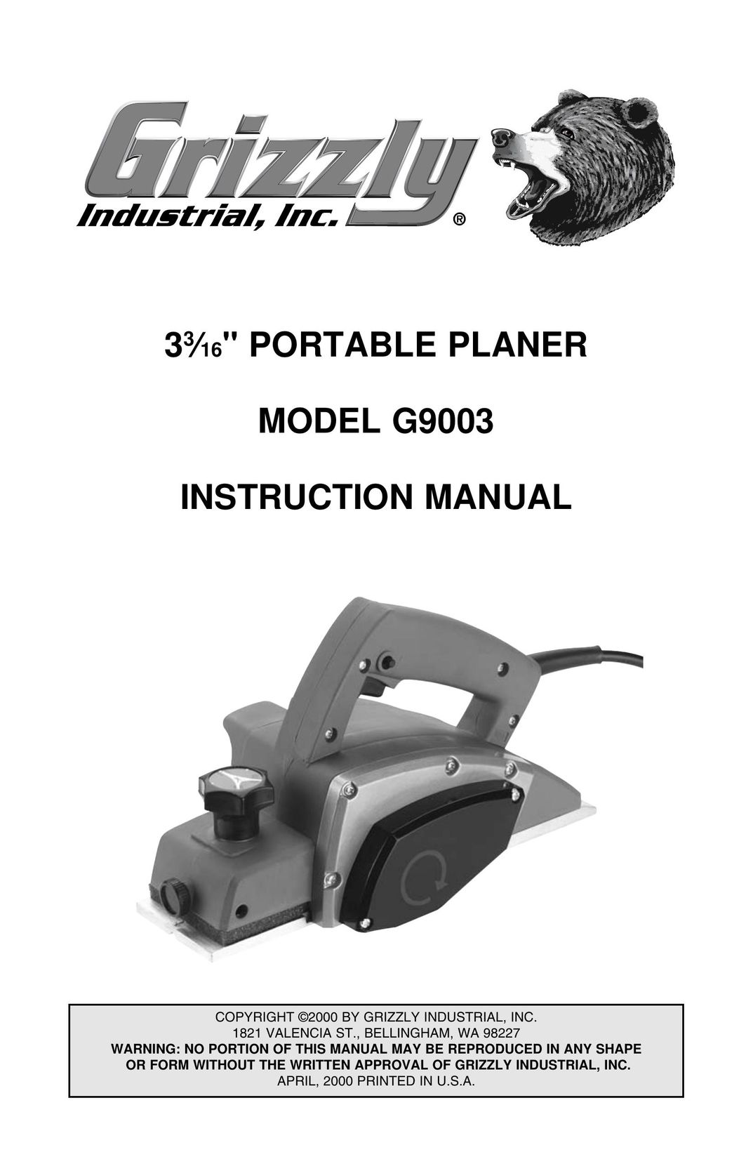 Grizzly G9003 Planer User Manual
