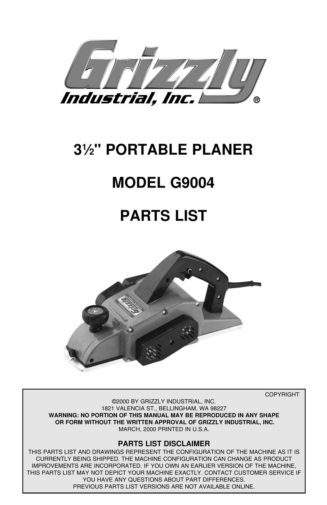Grizzly G9004 Planer User Manual