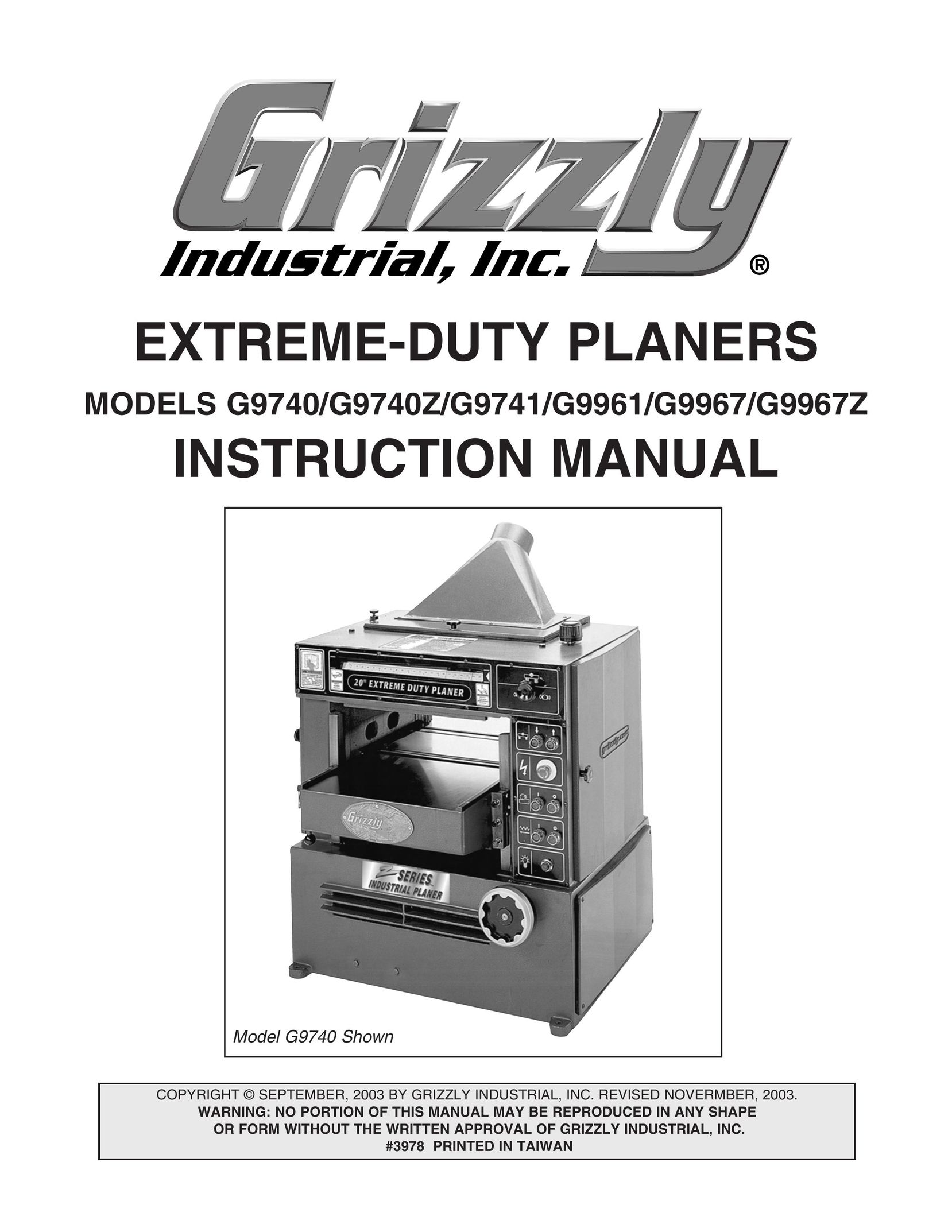 Grizzly G9740 Planer User Manual