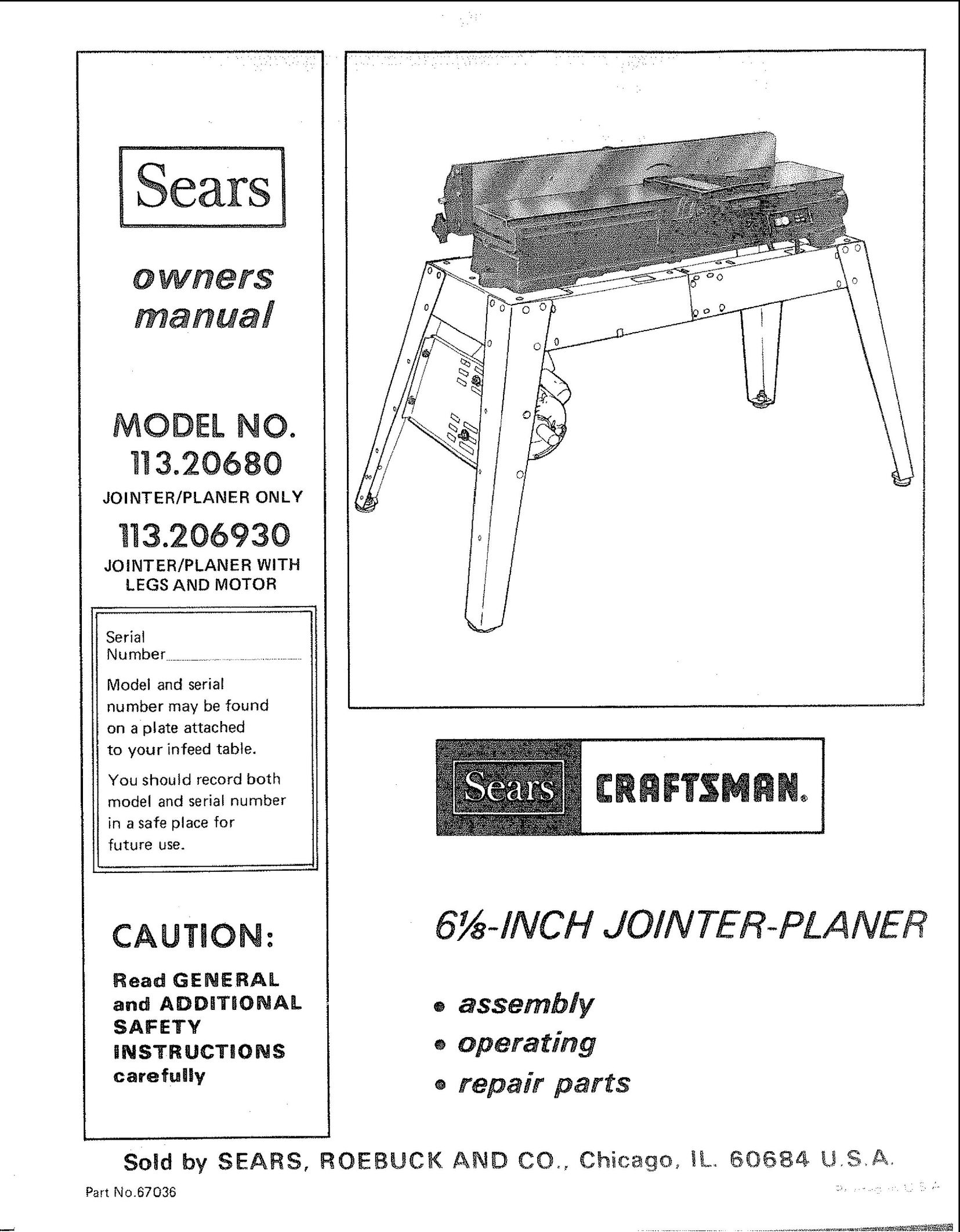 Sears 113.20680 Planer User Manual