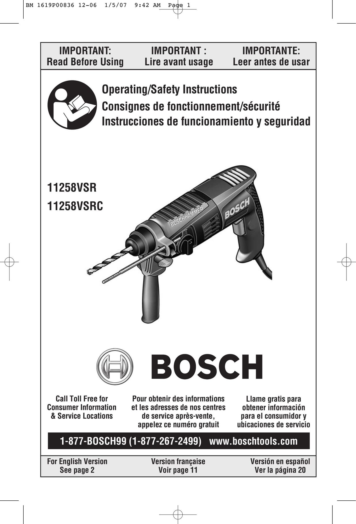 Bosch Power Tools 11258VSRC Power Hammer User Manual