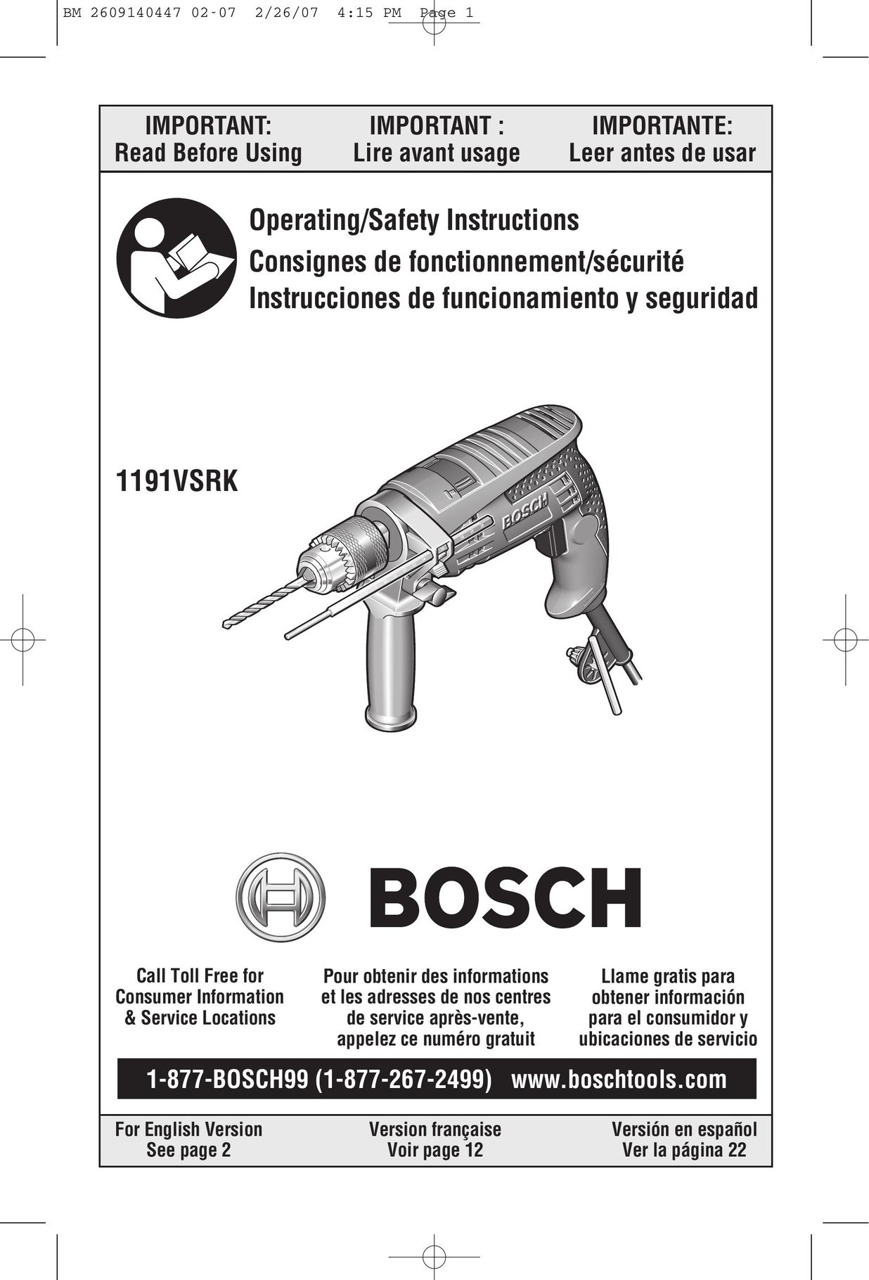 Bosch Power Tools 1191VSRK Power Hammer User Manual