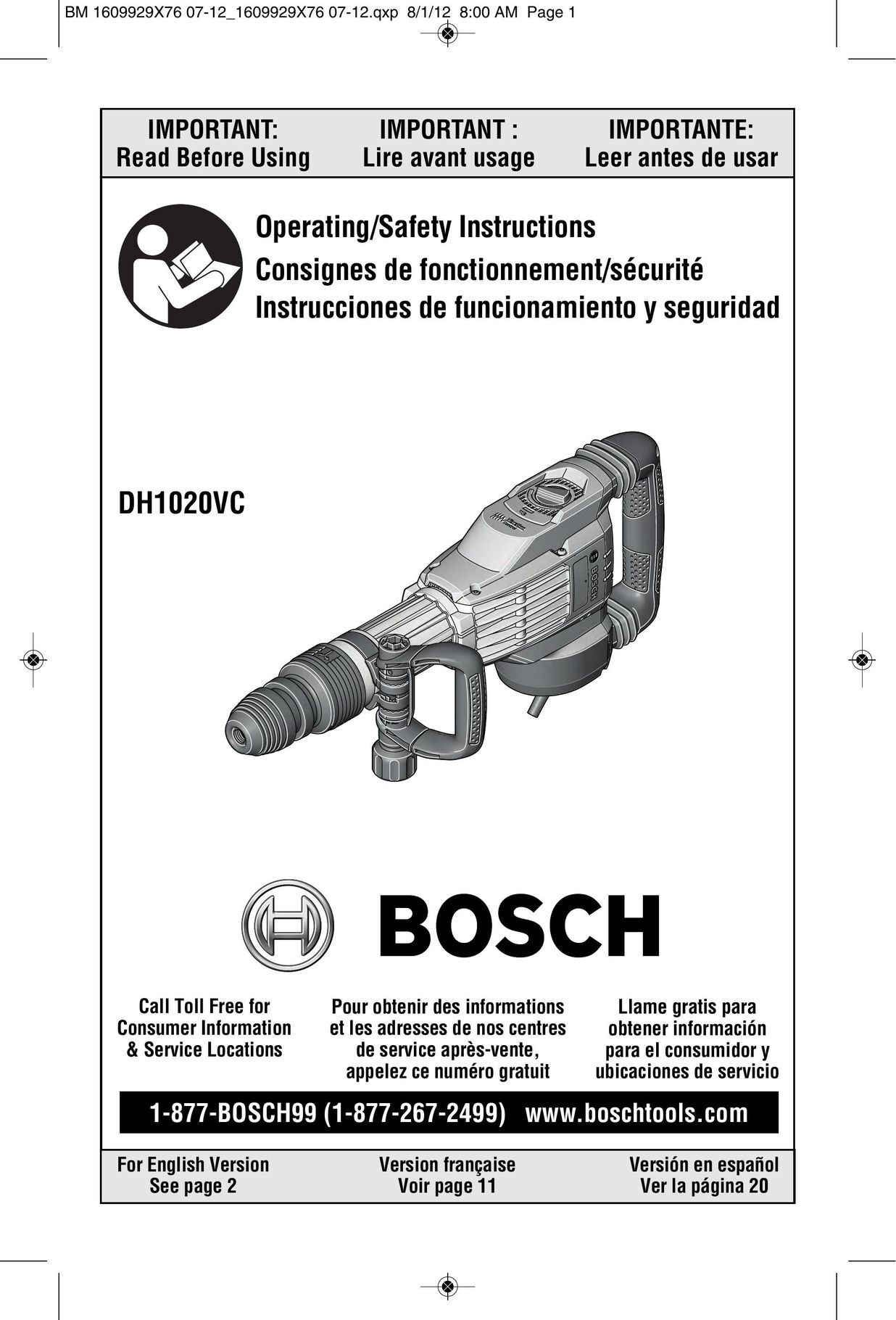 Bosch Power Tools DH1020VC Power Hammer User Manual