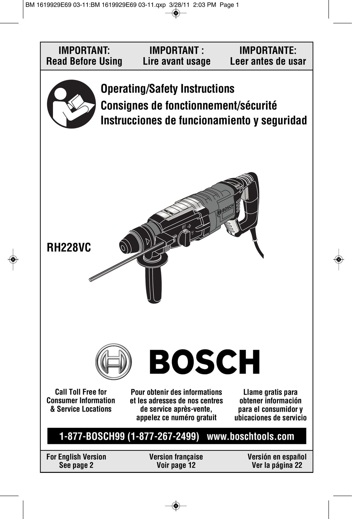 Bosch Power Tools RH228VC Power Hammer User Manual