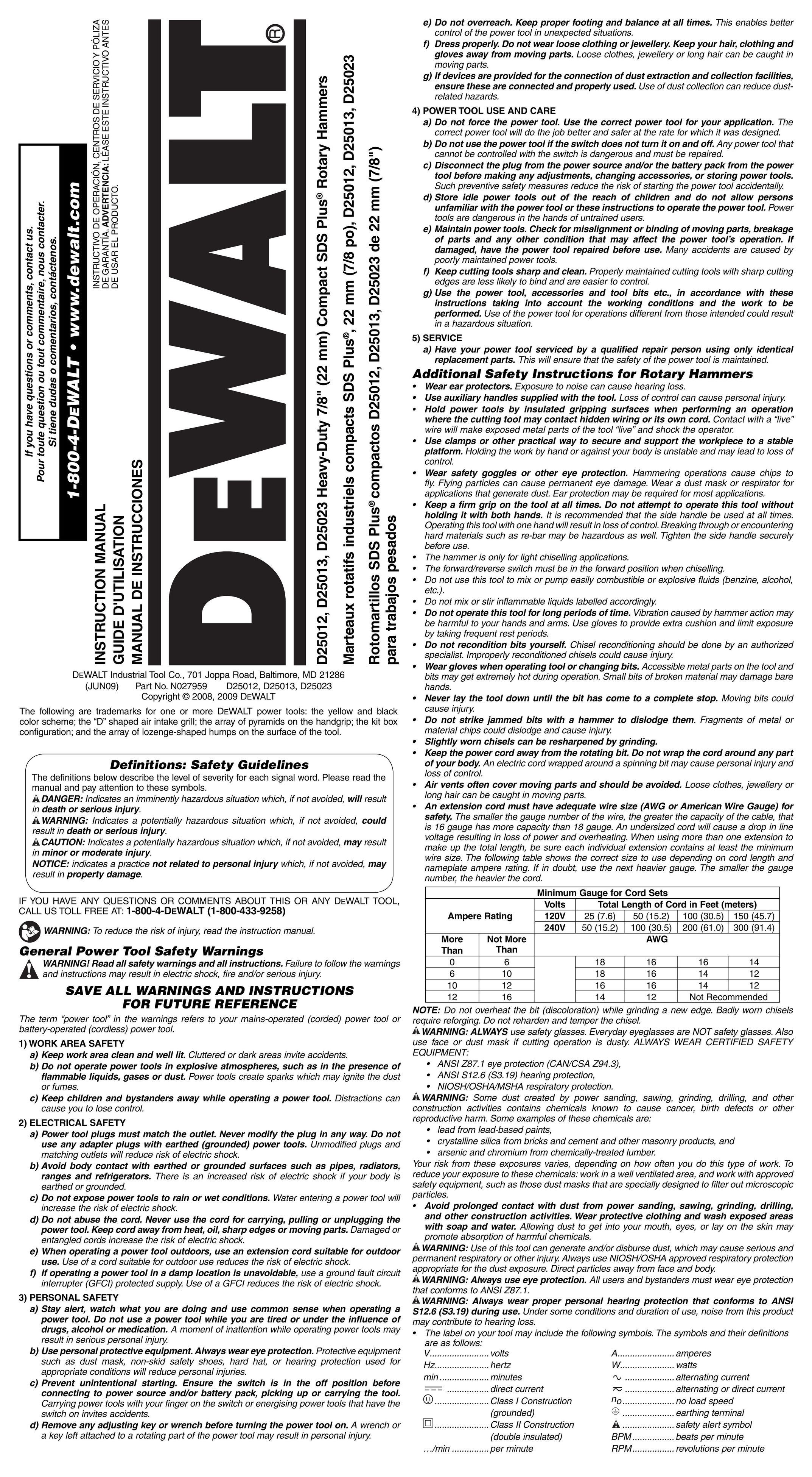 DeWalt D25012 Power Hammer User Manual
