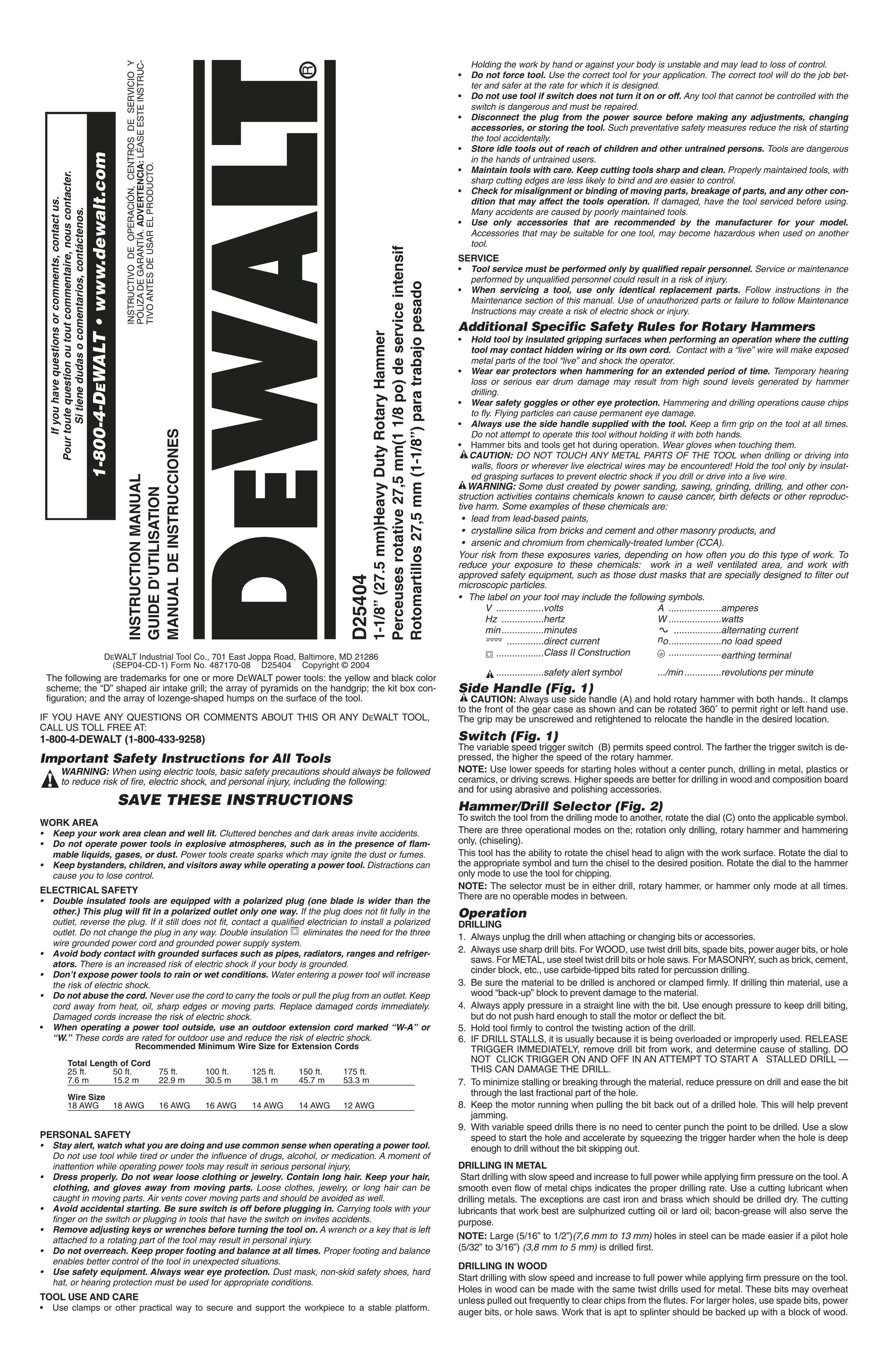 DeWalt D25404 Power Hammer User Manual