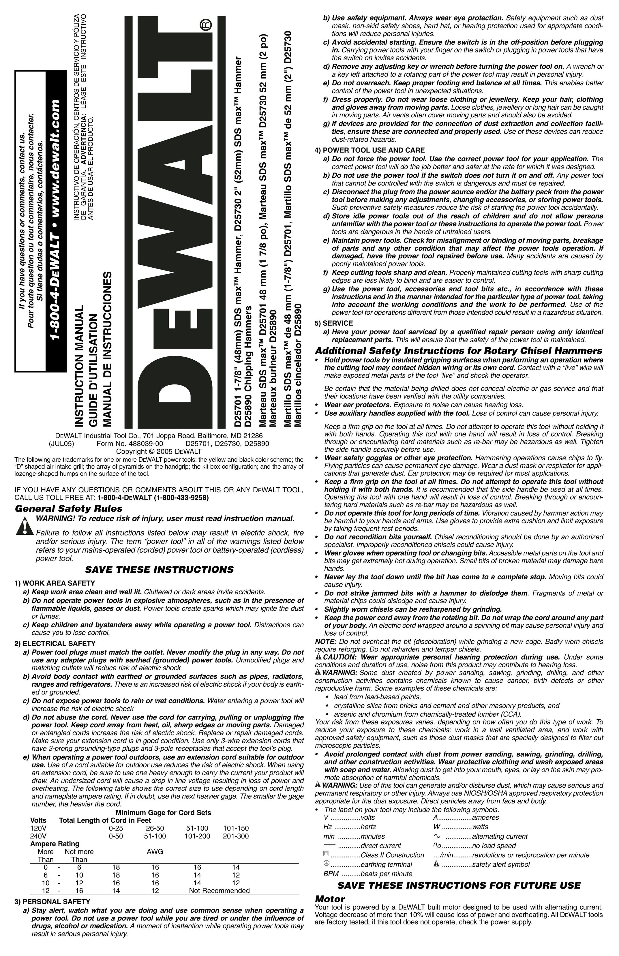DeWalt D25701 Power Hammer User Manual