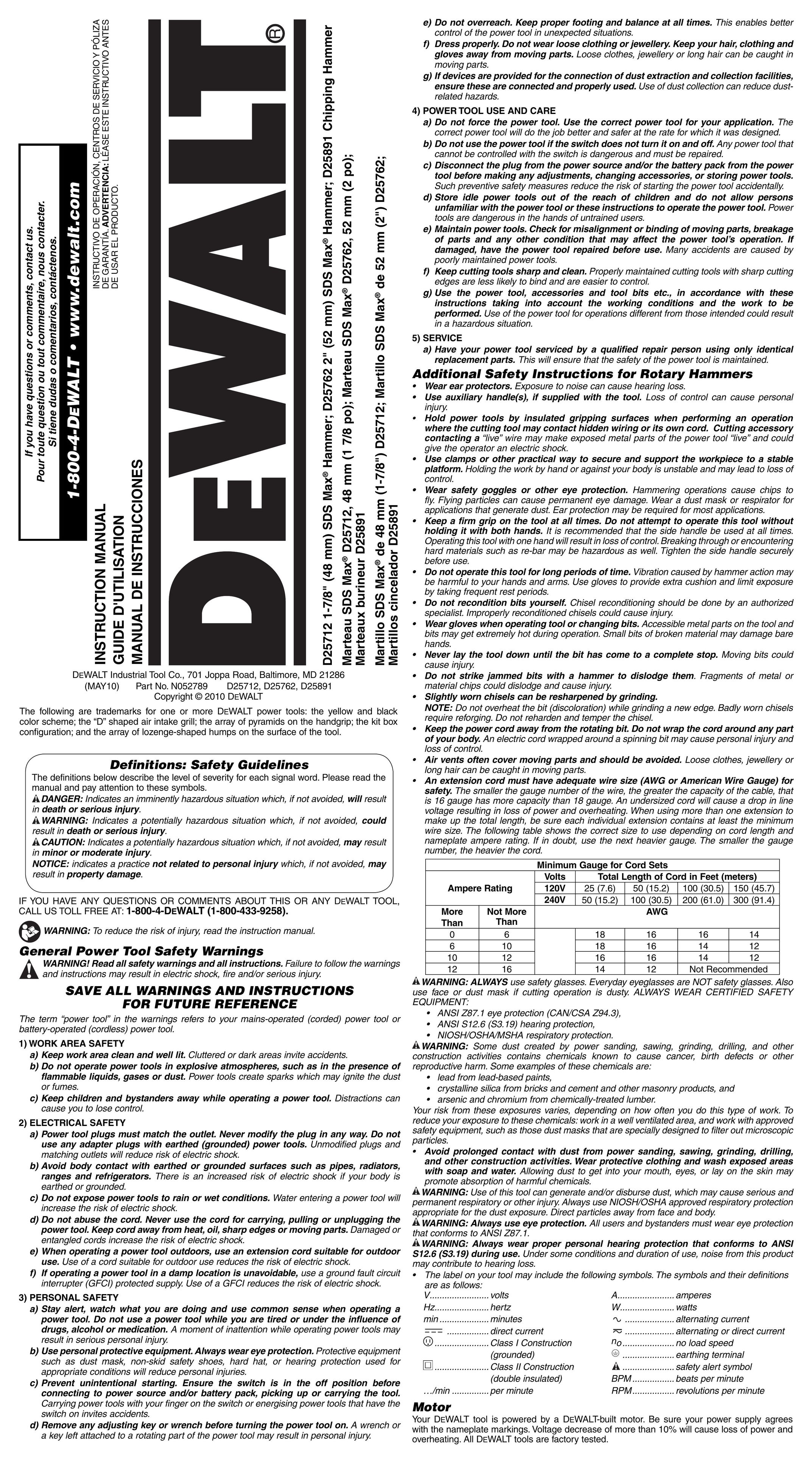 DeWalt D25891K Power Hammer User Manual