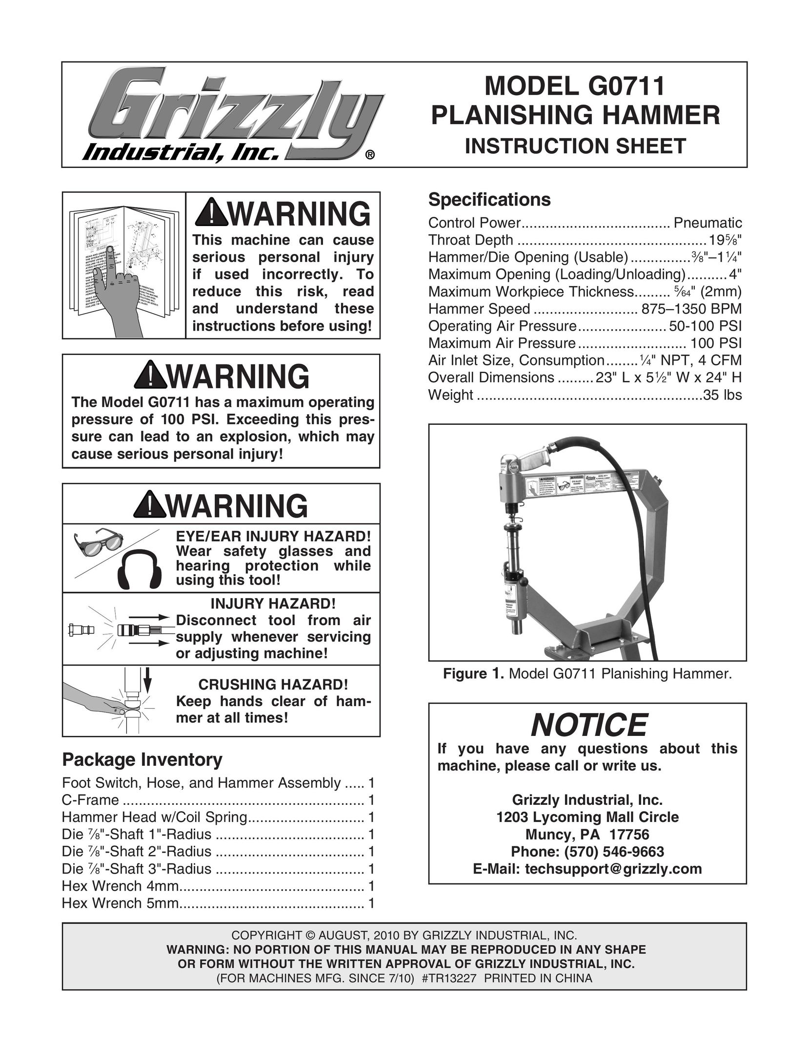 Grizzly G0711 Power Hammer User Manual